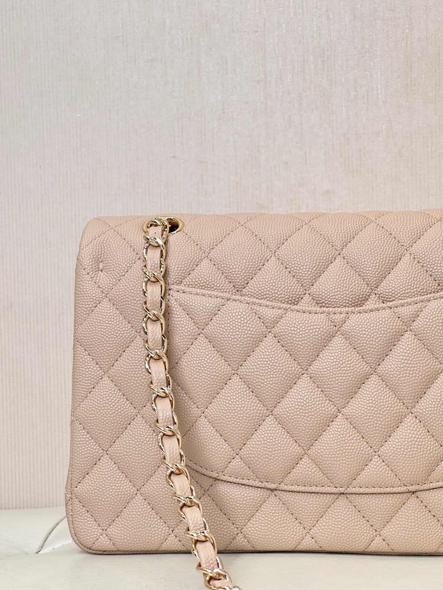 Chanel Medium CLASSIC HANDBAG Grained  Calfskin & Gold-Tone Metal Light Beige TOP