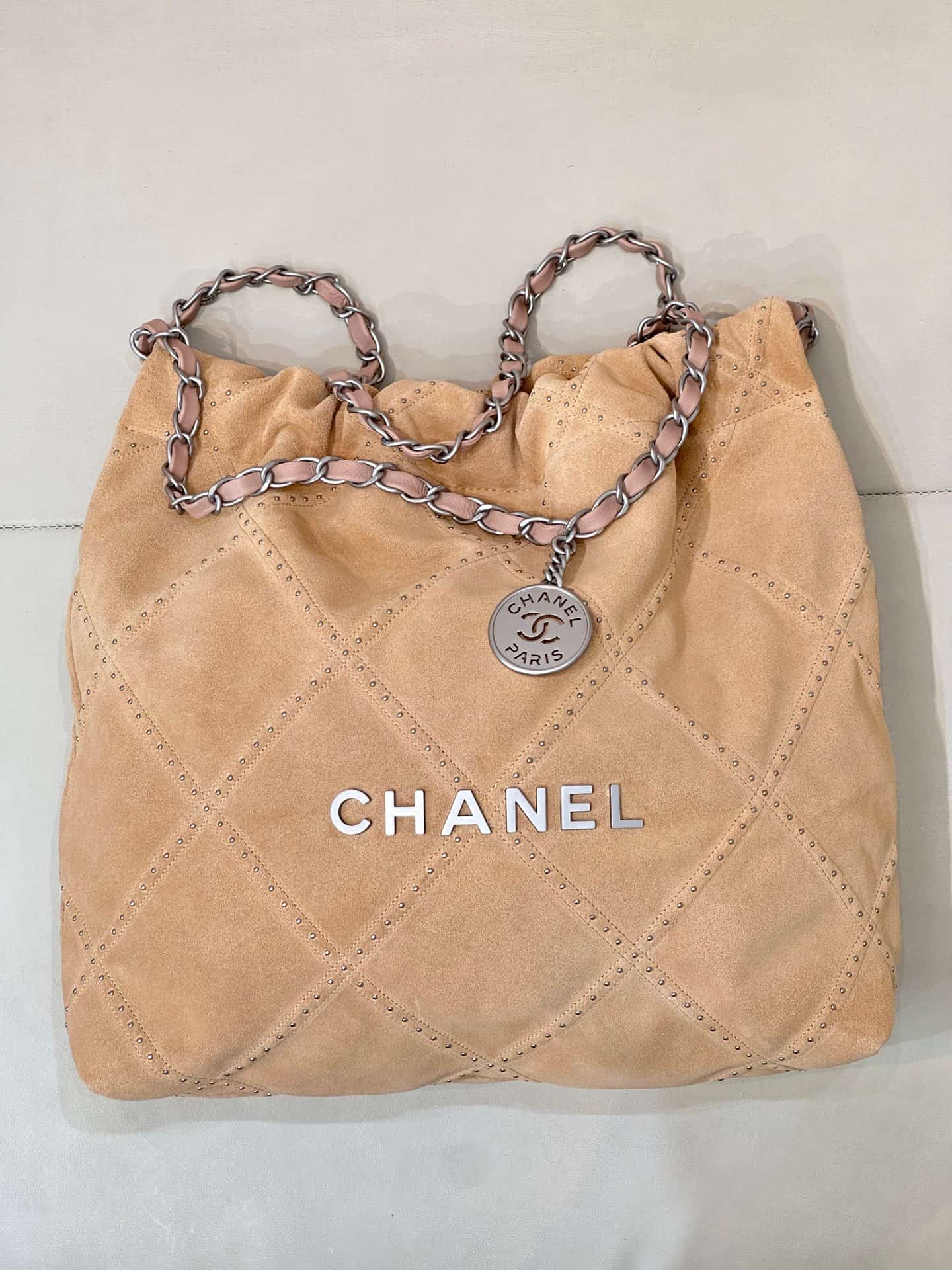 Chanel 22 Small handbag Suede calfskin studs & silver-tone metal AS3260 Beige TOP