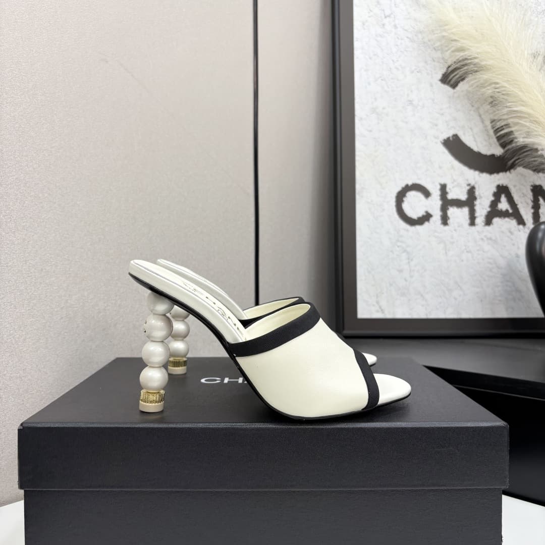Chanel Lambskin Grosgrain Cap Toe Pearl Mule Shoes Women