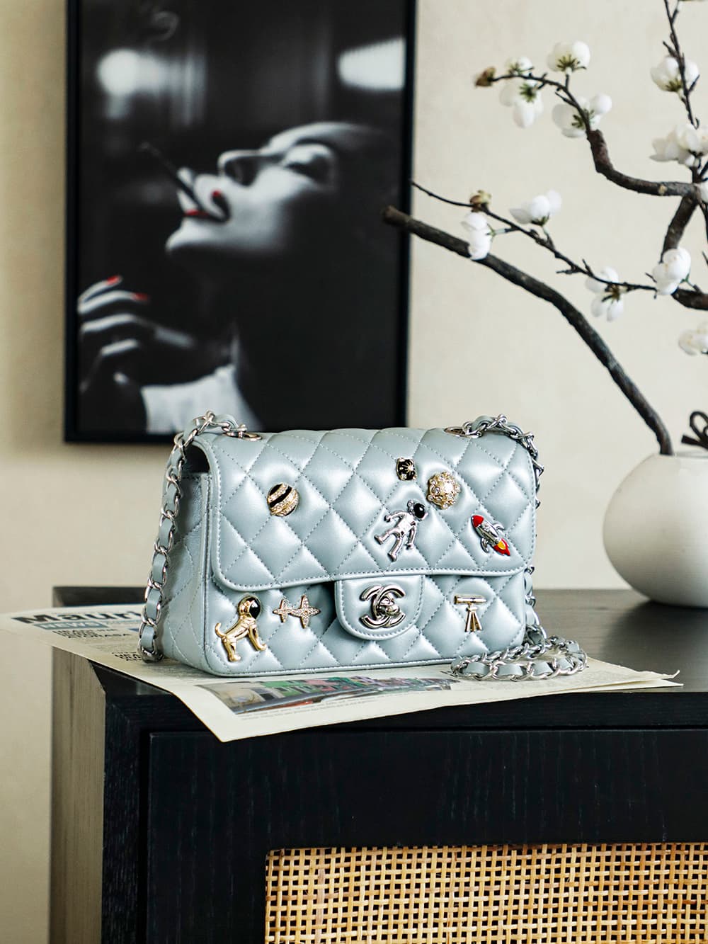 Chanel Classic Handbag Lambskin Enamel Rhinestones Silver-Colored Metal A