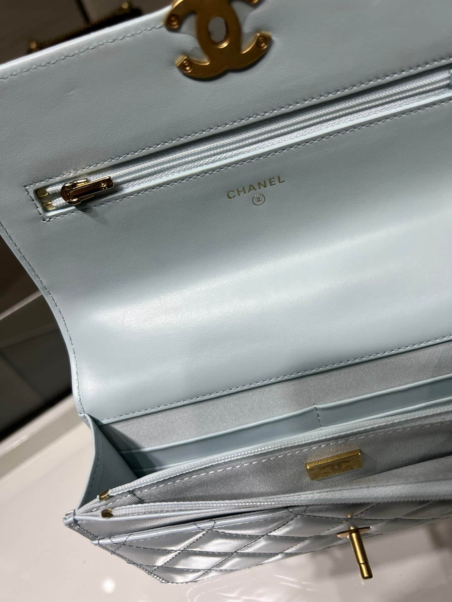 Chanel Wallet on Chain Shiny Calfskin & Gold-Tone Metal Light Blue AP2289 High