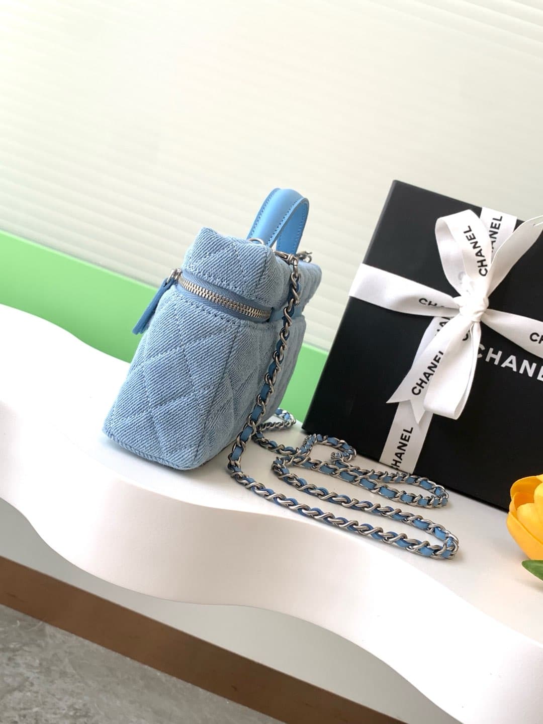 Chanel VANITY WITH CHAIN AP4407 Denim & Small Logo & Anti Silver-Tone Metal Blue High