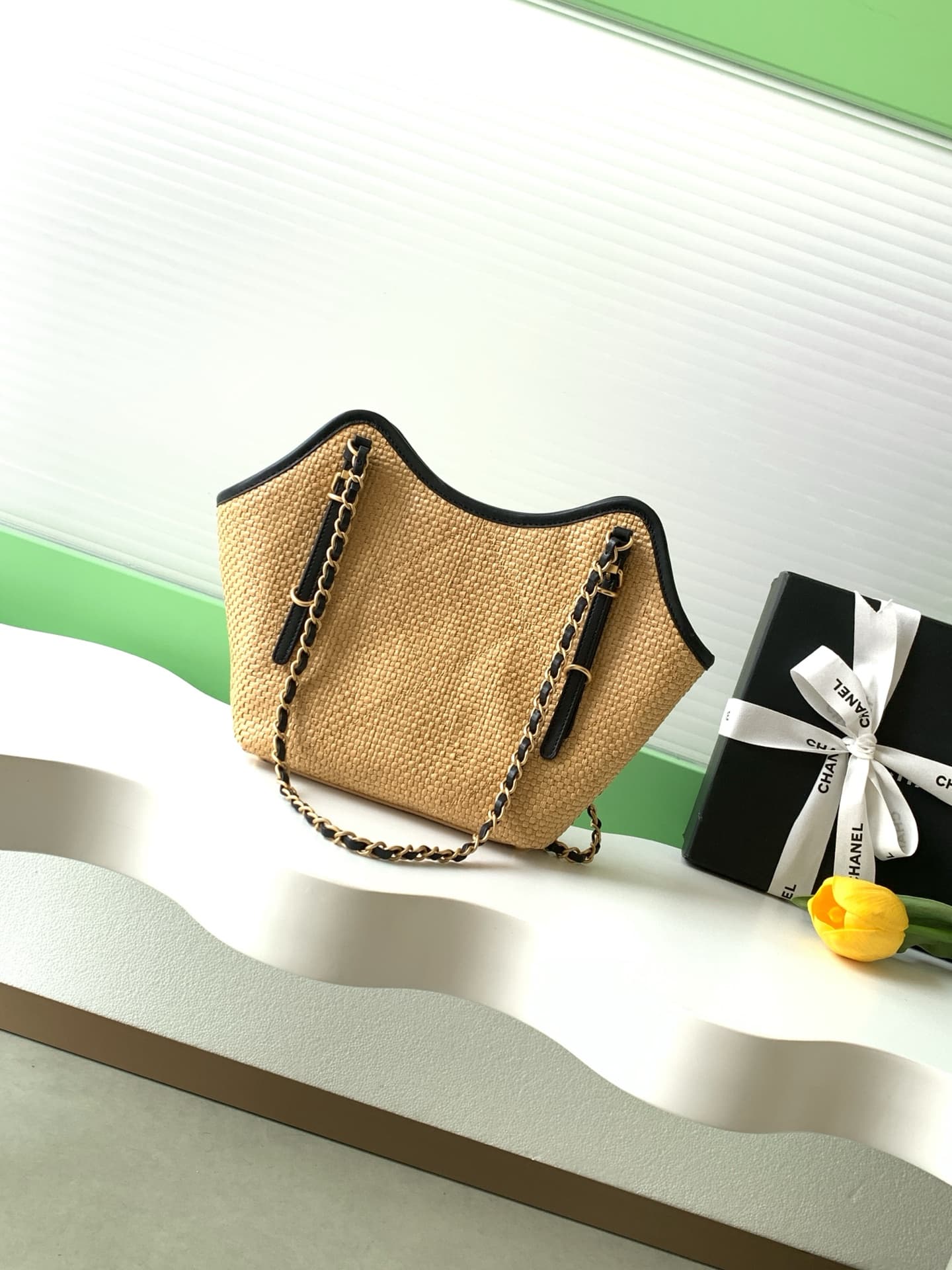 Chanel Shopping Bag Braided Raffia Calfskin & Gold-Tone Metal Beige & Black  AS6015 A