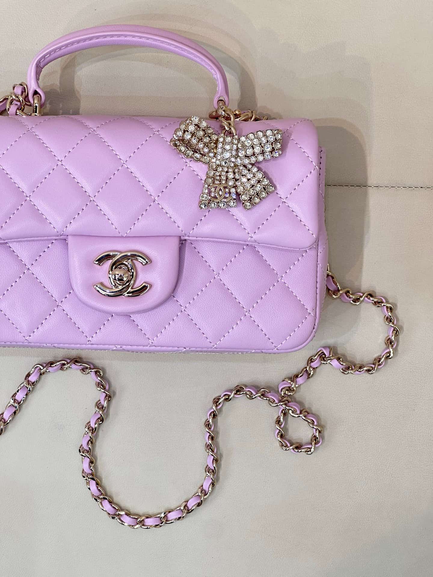 Chanel Mini Classic Handbag Lambskin Strass & Gold-Tone Metal AS2431 light purple TOP