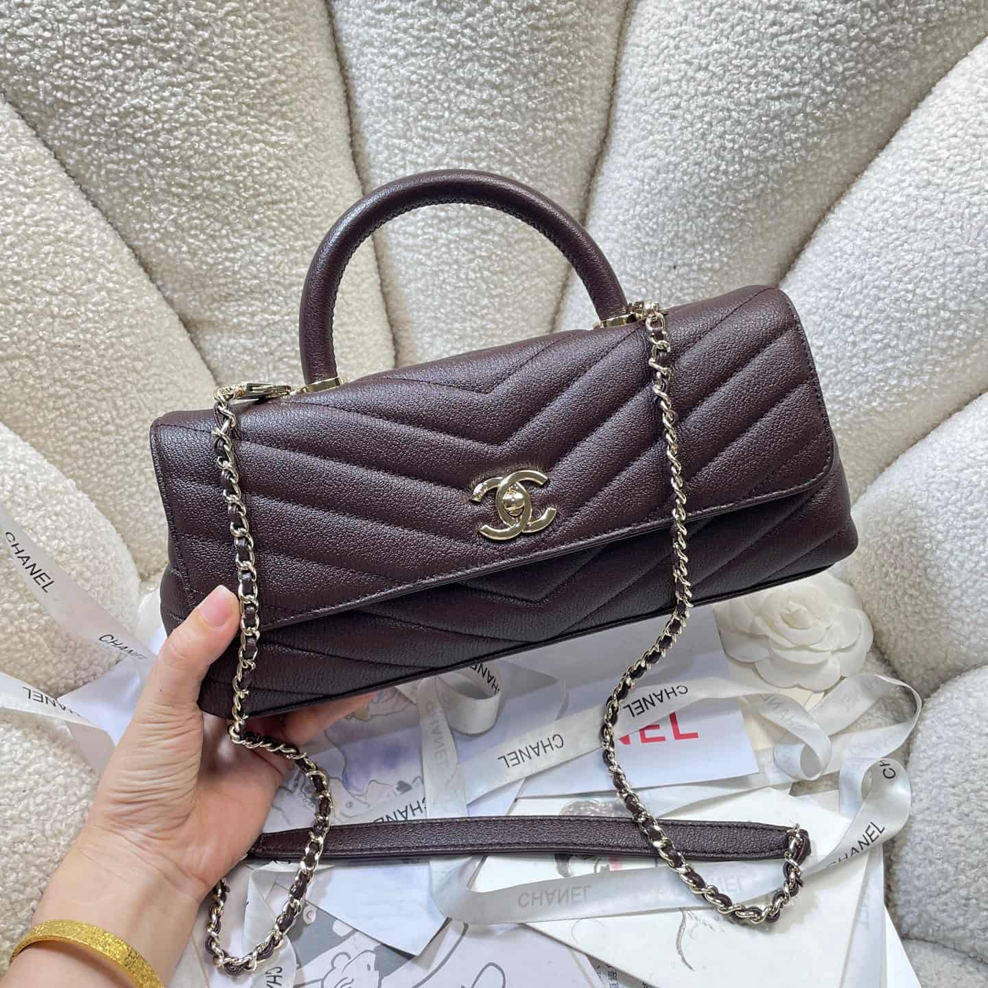 Chanel Maxi Flap Bag with Top Handle Calfskin& Gold-Tone Metal AS6091 Dark Brown A