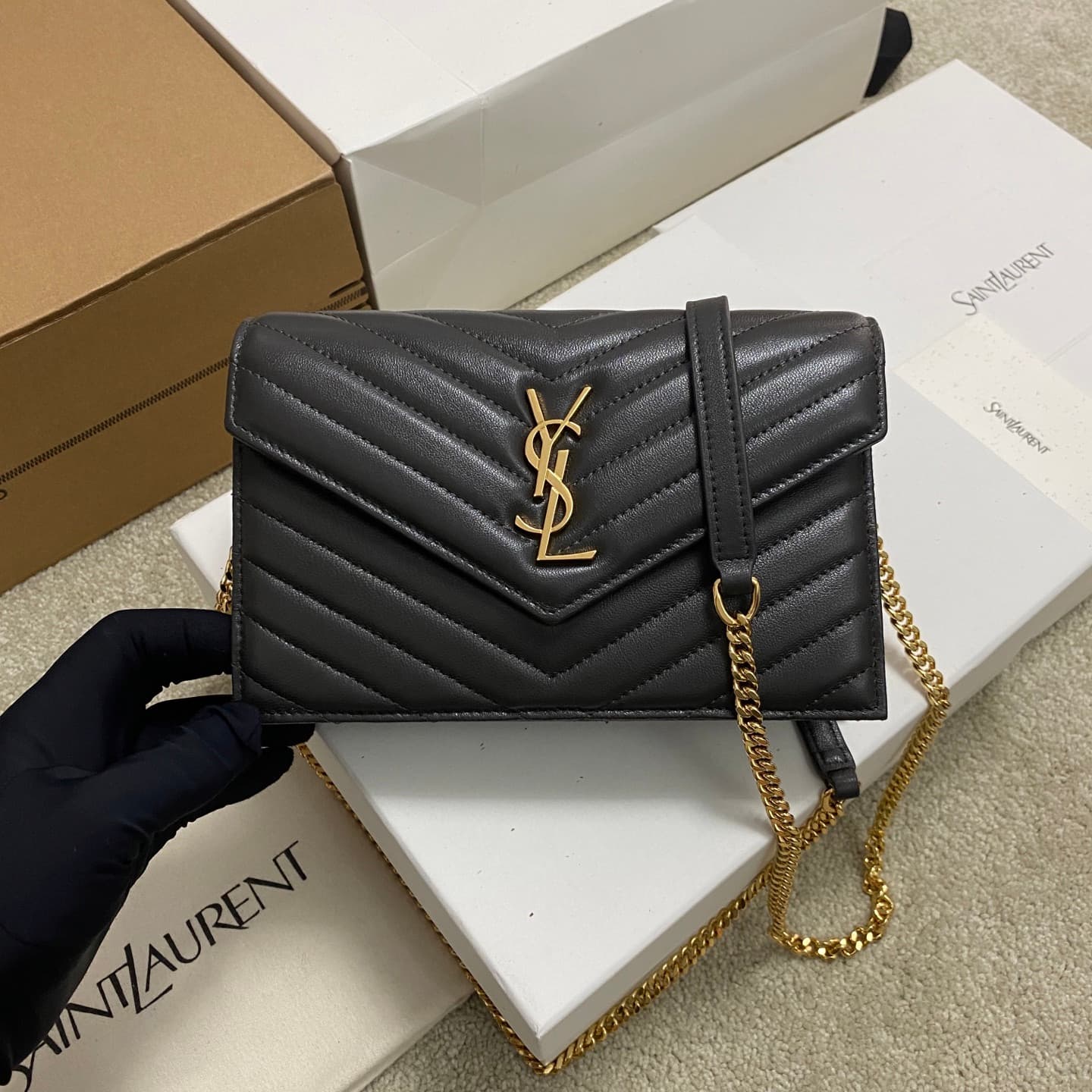 Saint Laurent Monogram Matelassé Cassandre Wallet on Chain Black Lambskin 393953 High