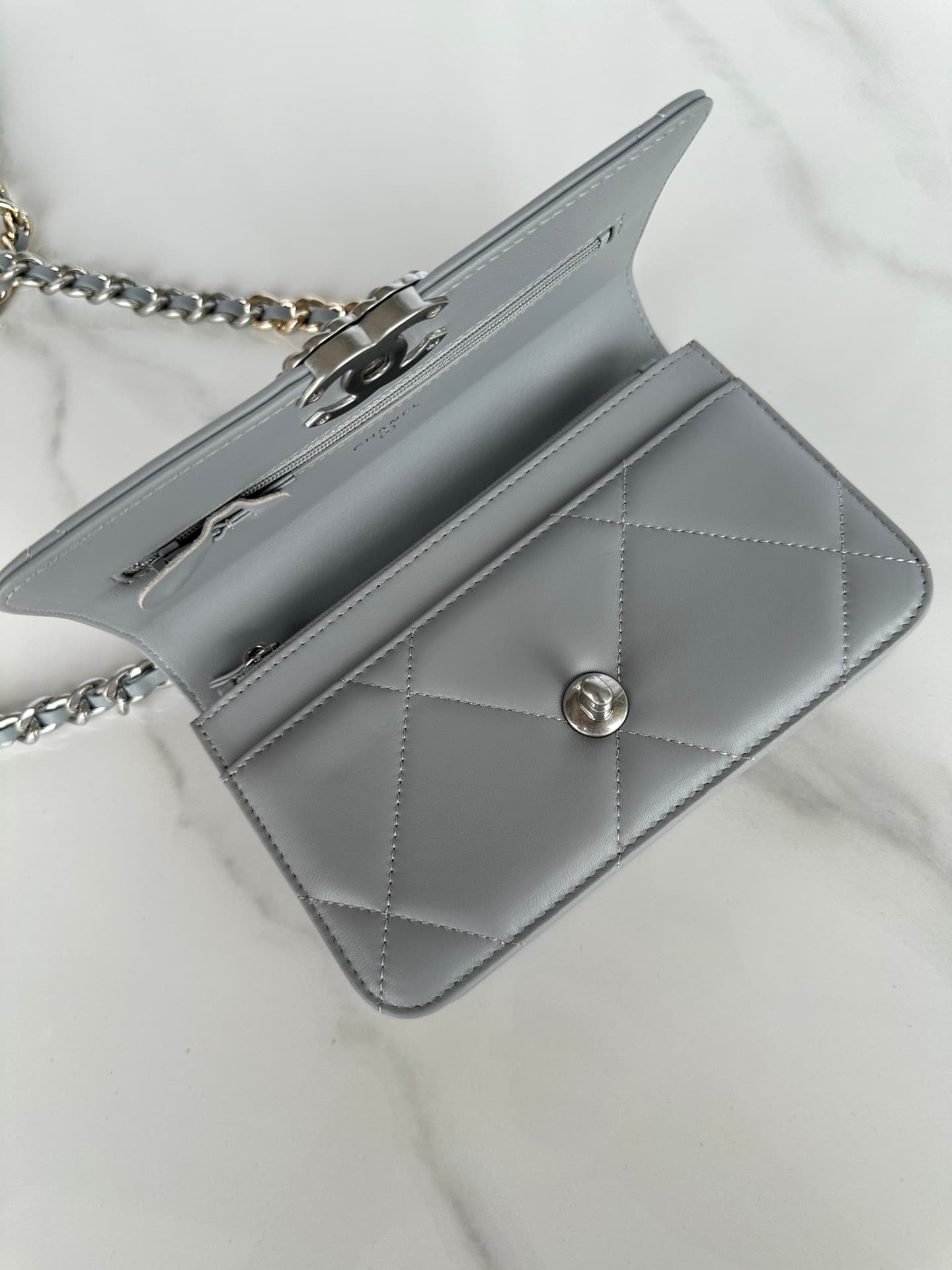 Chanel Wallet on Chain Lambskin Leather & Silver-Tone Metal Grey AP0957 A