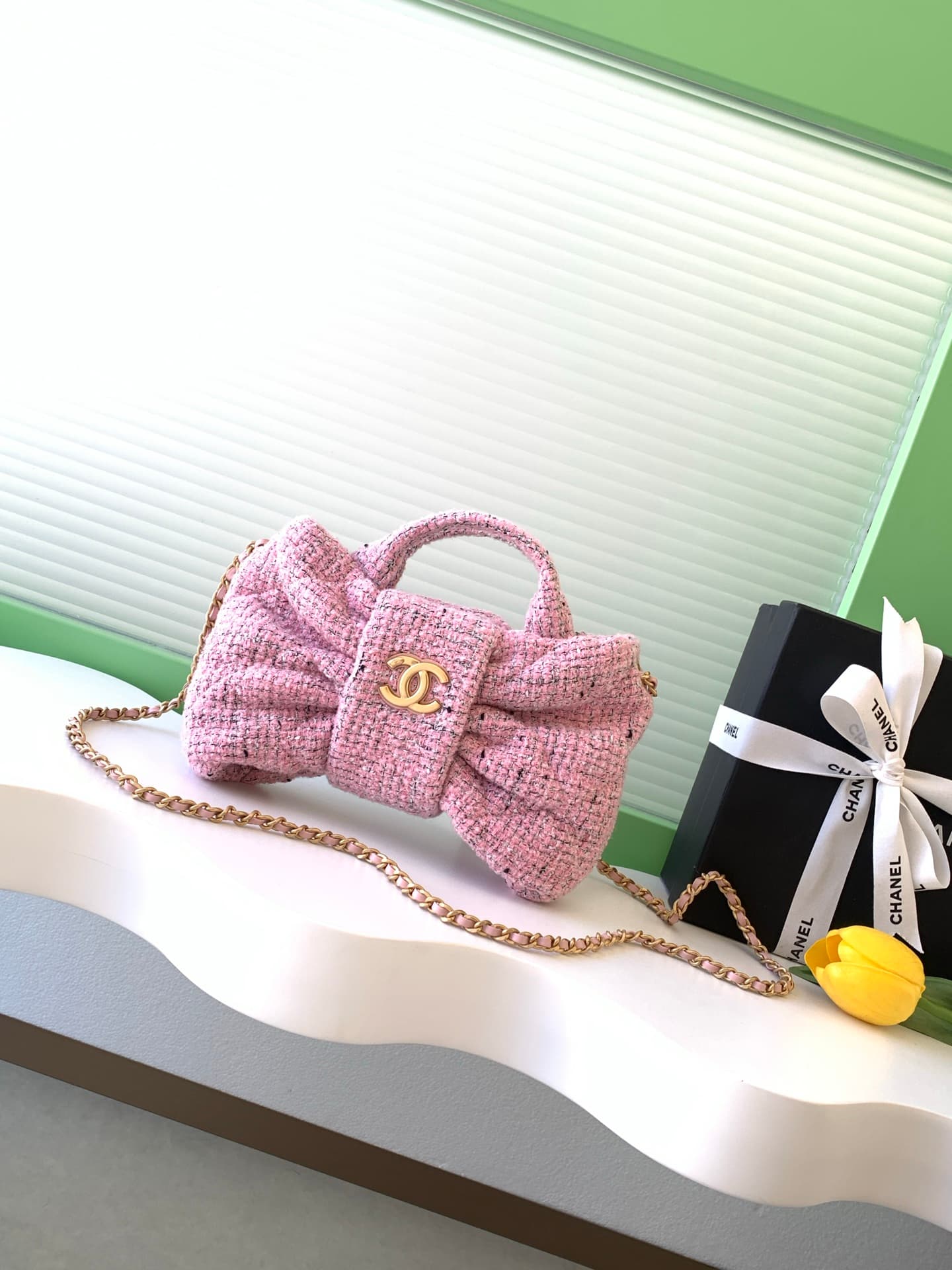 Chanel Mini Bow Bag Tweed & Gold-Tone Metal Pink AS5849 A