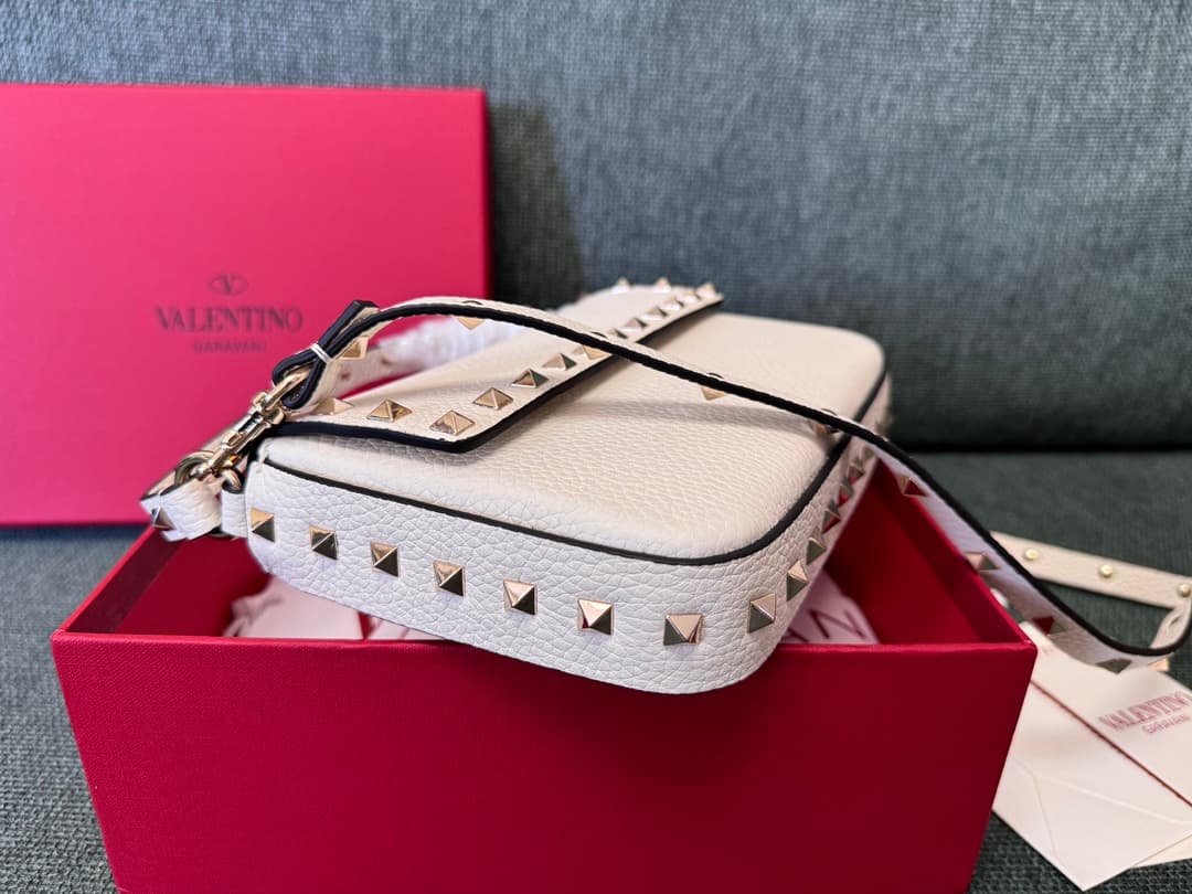 Valentino Garavani Mini Rockstud Grainy Leather Crossbody Bag in White High