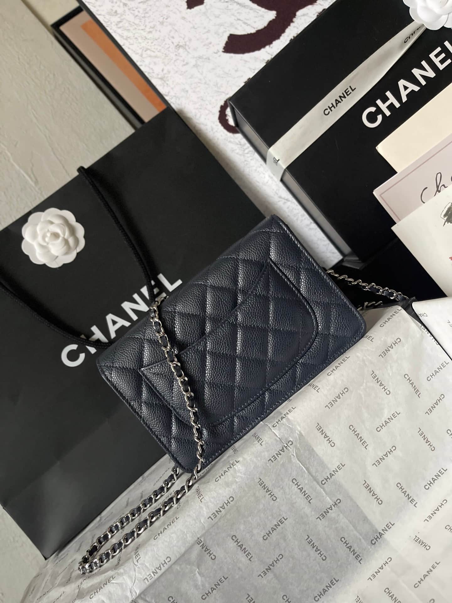 Chanel Classic Wallet on Chain Grained Shiny Calfskin & Silver-Tone Metal AP4241 Dark Blue A