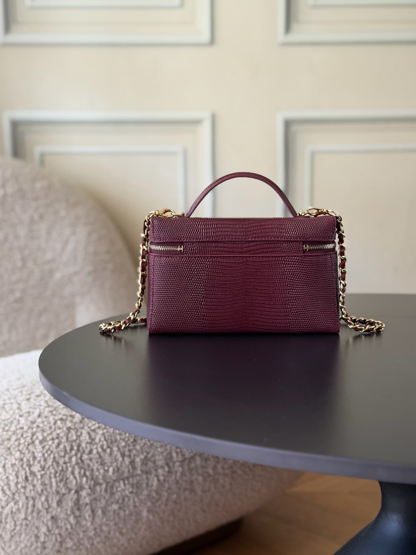 Chanel Small Vanity with chain Lizard Embossed Calfskin & Gold-Tone Metal Burgundy AS5346 A