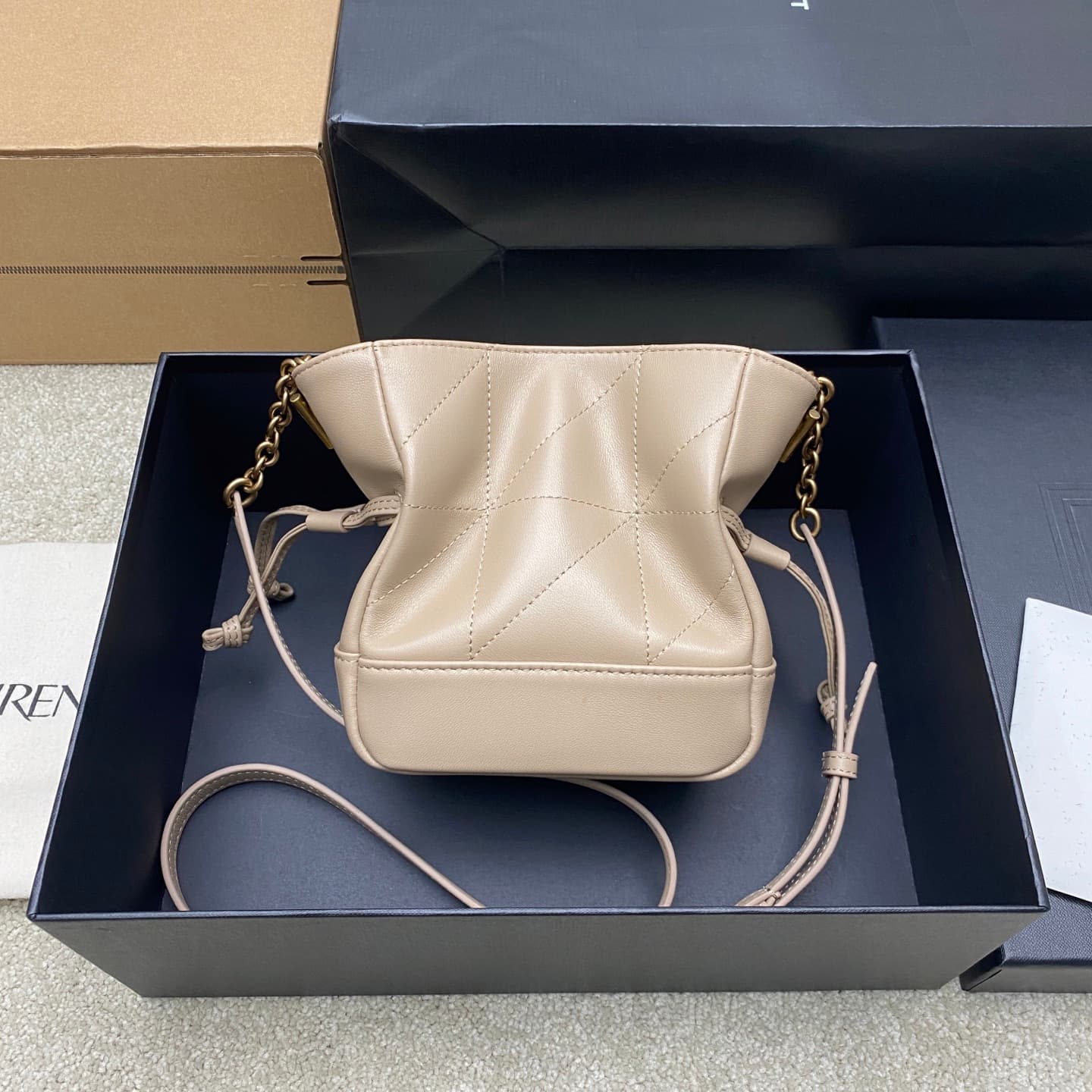 Saint Laurent Jamie Mini Leather Bucket Bag Beige Lambskin 859174 High