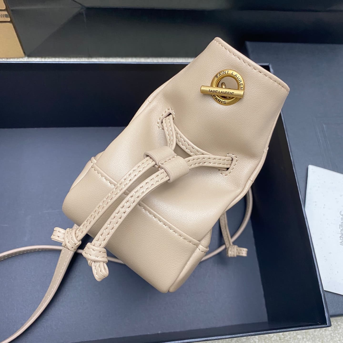Saint Laurent Jamie Mini Leather Bucket Bag Beige Lambskin 859174 High