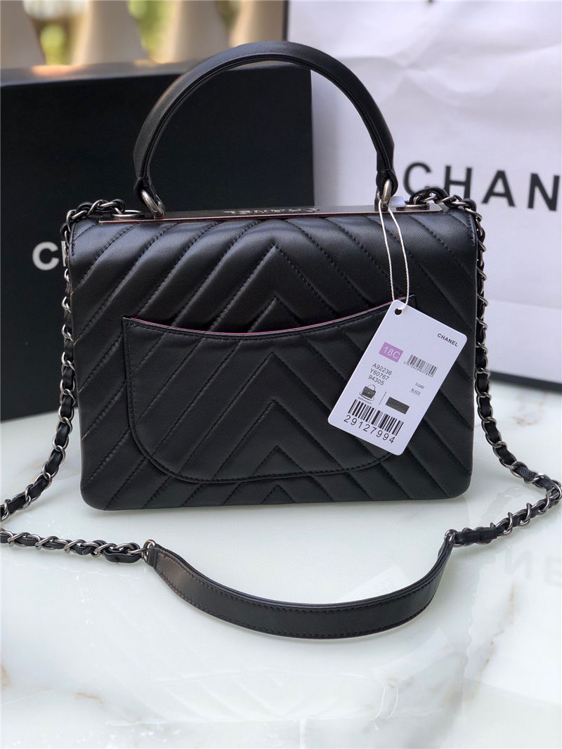 SMALL FLAP BAG WITH TOP HANDLE Chevrons Pattern Lambskin Anti-Silver Metal Black A