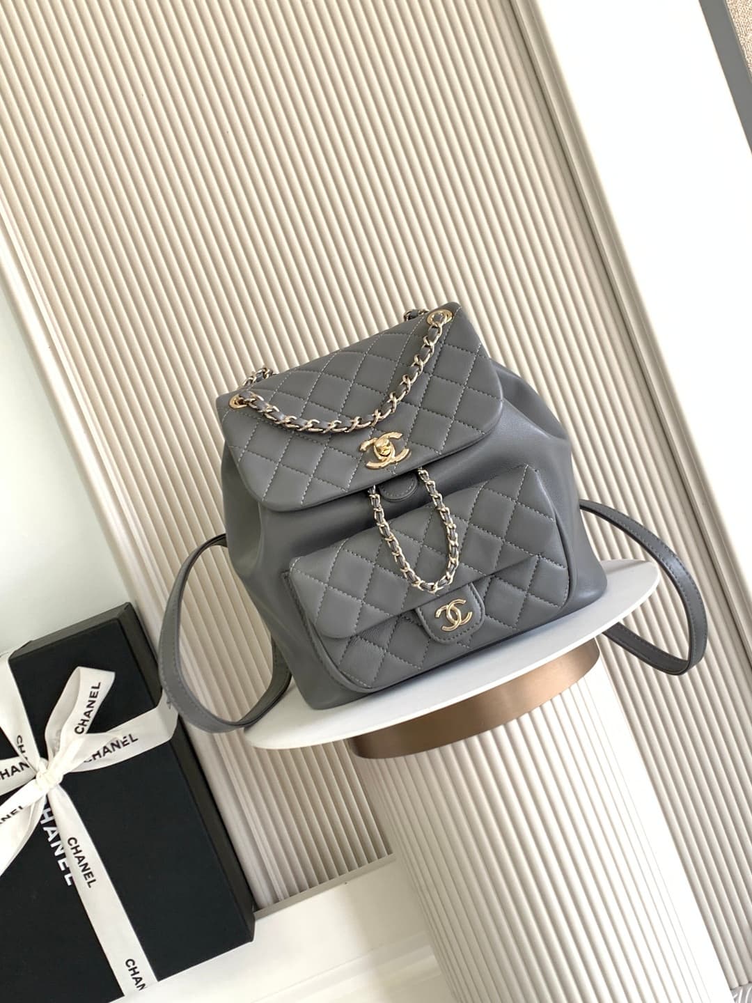 Chanel Medium Quilted Duma Backpack Lambskin AS3618 Grey A