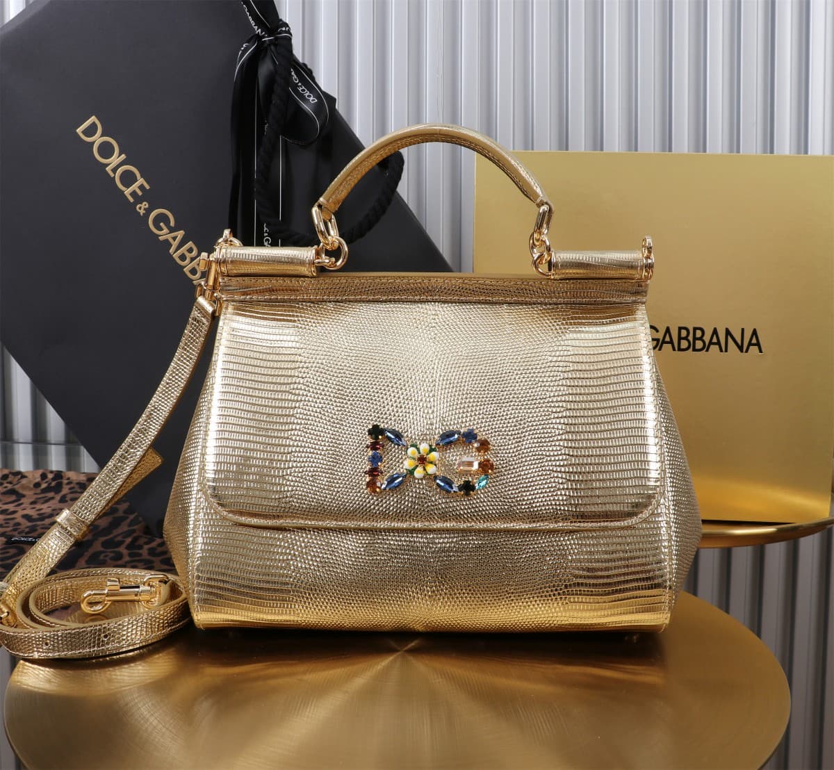 Sicily Handbag 25cm in Iguana Print Calfskin and Crystal DG Logo Patch High