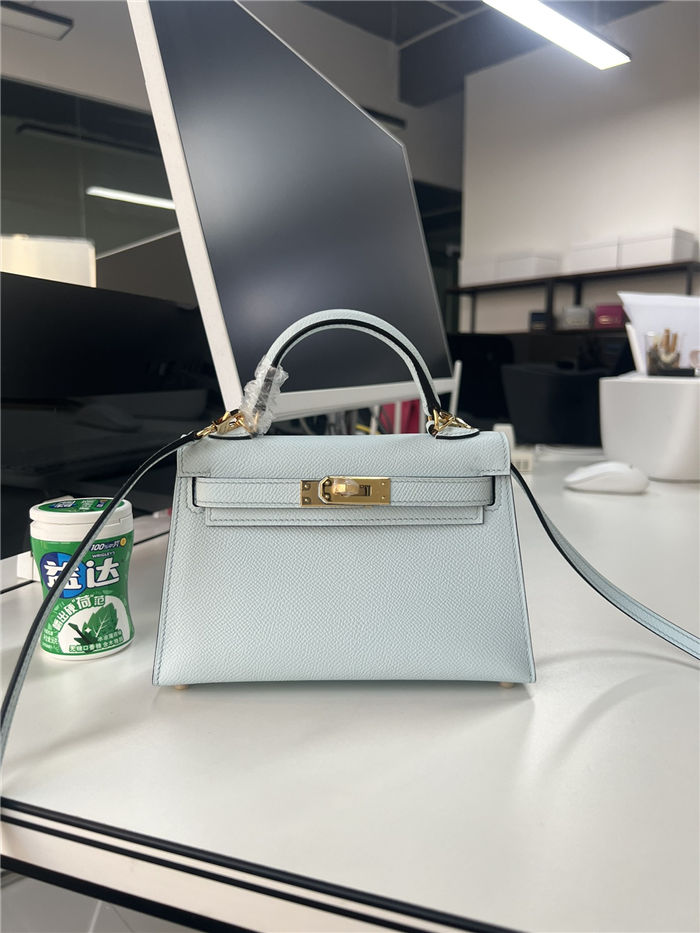 Hermes Kelly Mini II Bag Epsom Leather WAX Silver/Gold Metal Blue Brume High