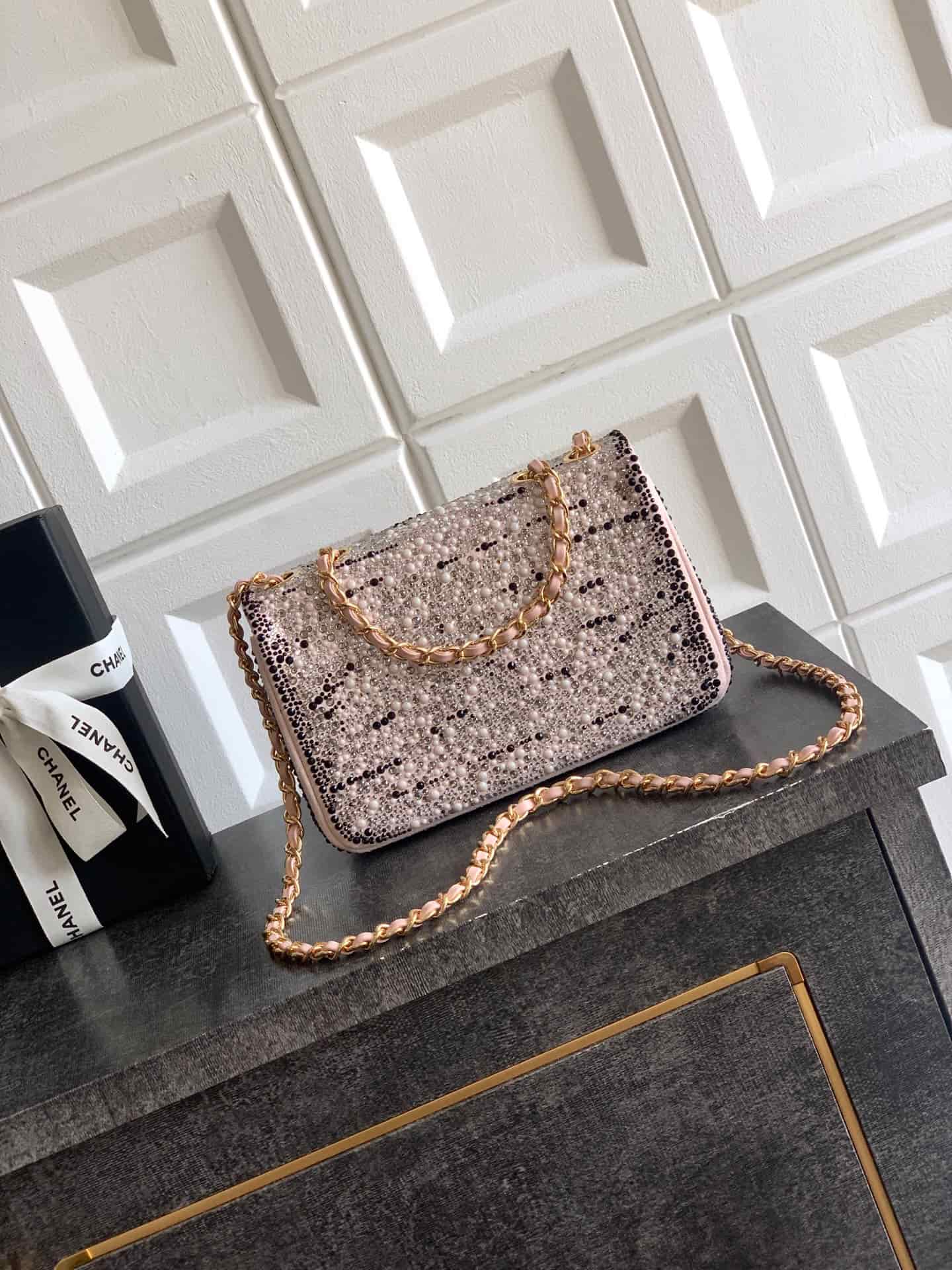 Chanel Classic Mini Flap Bag Strass Imitation Pearls & Gold-Tone Metal  Dark Pink 6171 A