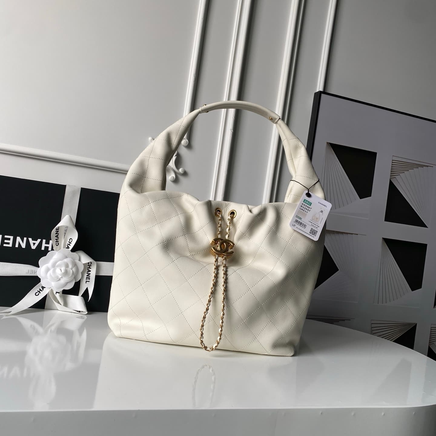Chanel Hobo Handbag Calfskin & Gold-Tone Metal AS5967 White A