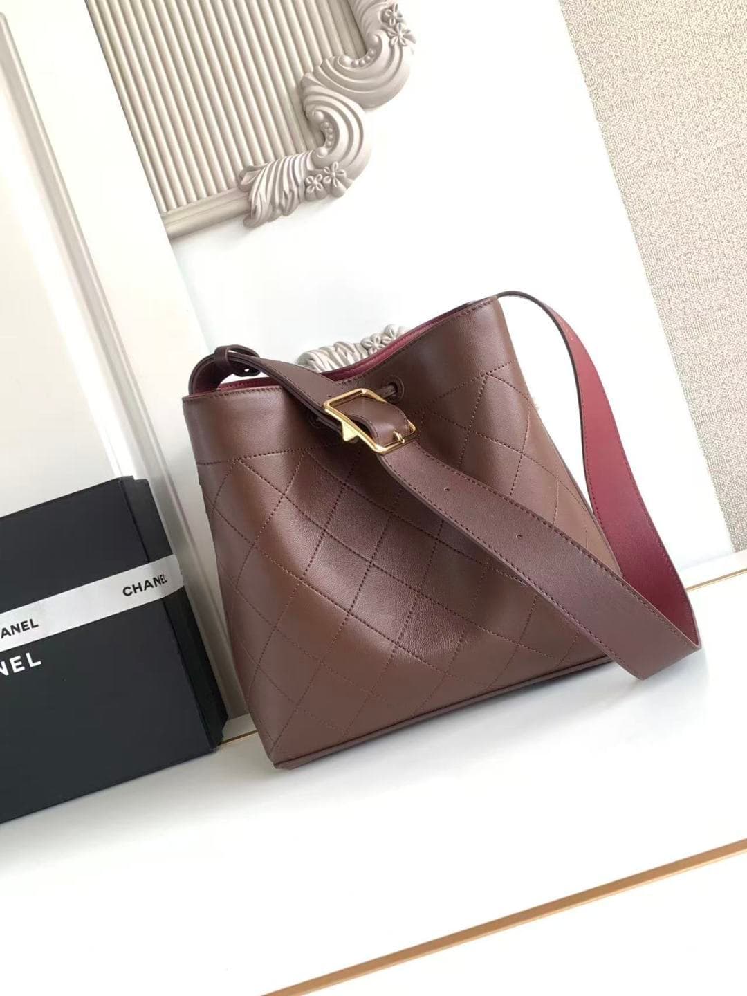Chanel Bucket Bag Calfskin Leather & Gold-Tone Metal Dark Brown AS6584 A