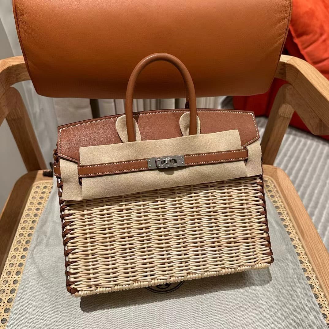 Hermes Picnic Birkin 25cm Bag Osier Wicker Silver Metal WAX High