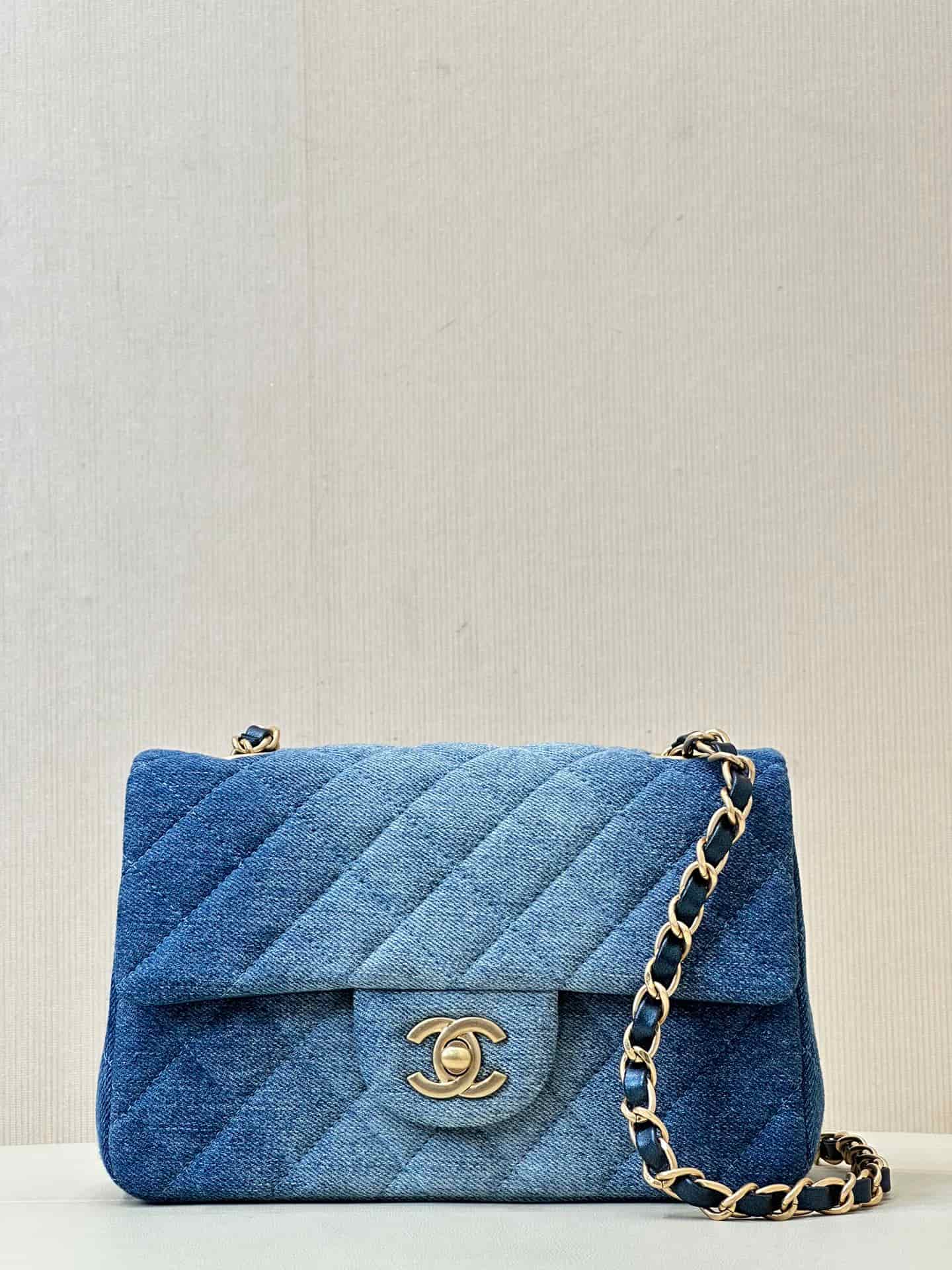 CHANEL Mini Classic Handbag Denim &Gold-tone Metal AS1116 Blue TOP