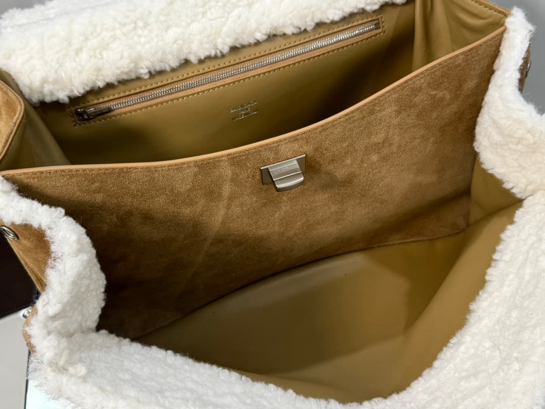 Balenciaga Rodeo Large Bag in Noce Suede Calfskin and White Fleece With Silver-Tone Metal TOP