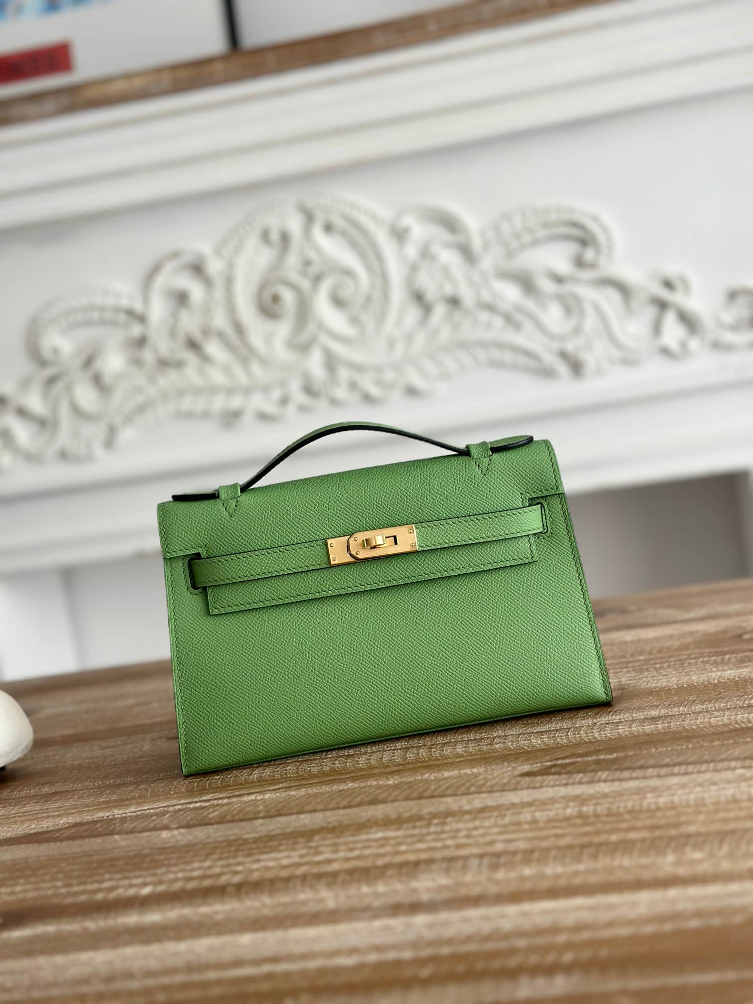 Hermes Kelly Pochette Bag Epsom Leather Silver/Gold Metal Vert Criquet WAX High