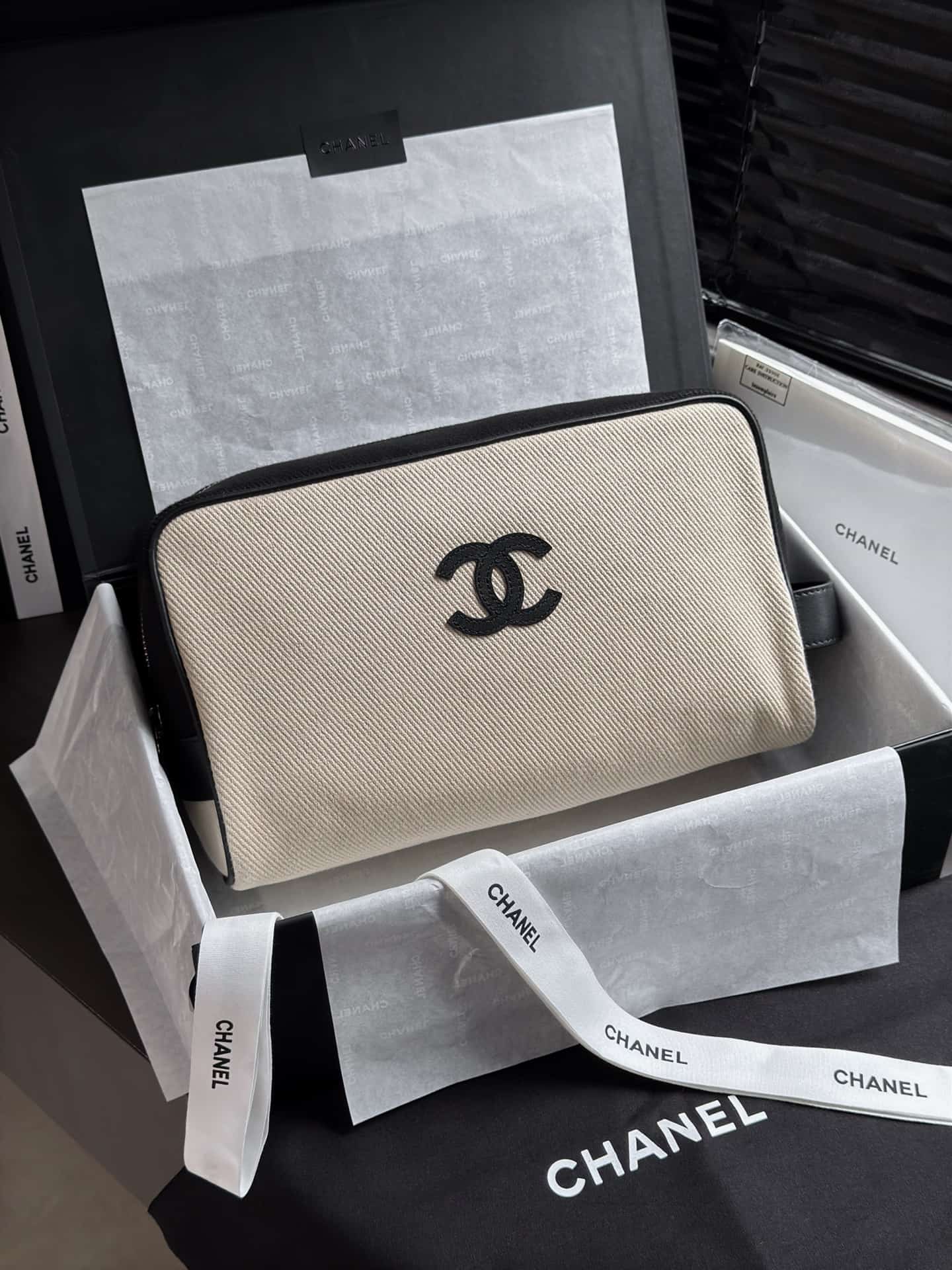 Chanel Large Zipped Pouch Canvas Calfskin & Silver-Tone Metal AP5267 Beige A