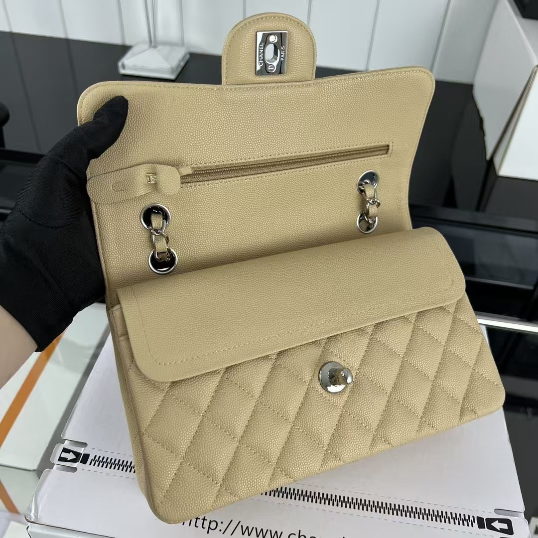 Small CLASSIC HANDBAG Grained Calfskin Sliver Metal Beige-E A