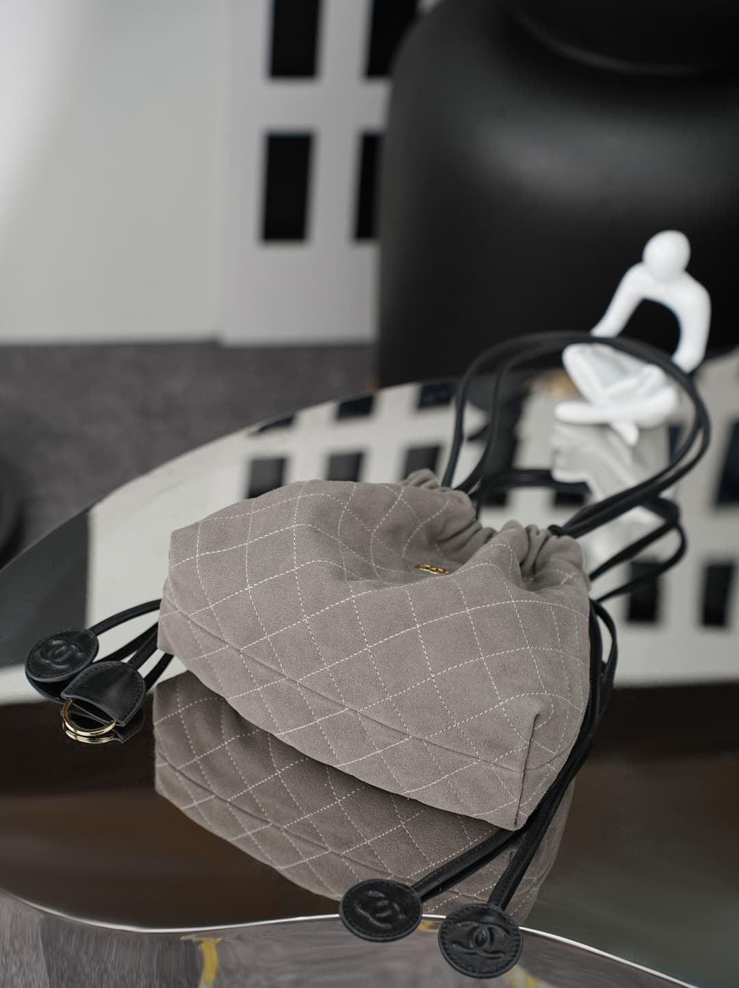 Chanel Clutch with Leather Strap grey quilted suede & Gold-tone Metal AP5228 A