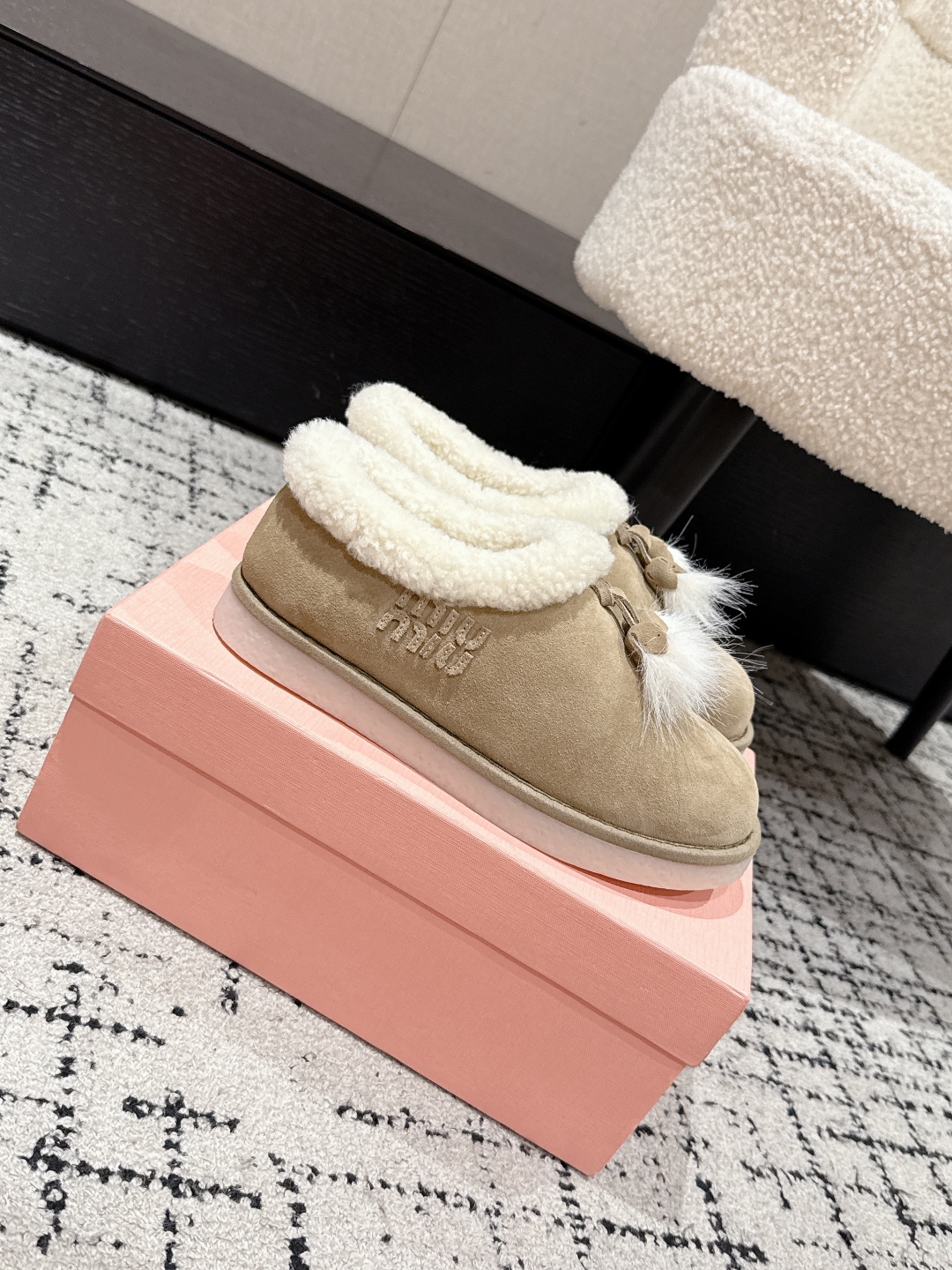 Miu Miu Suede Shearling-Lined Booties with Fur Tassels Women