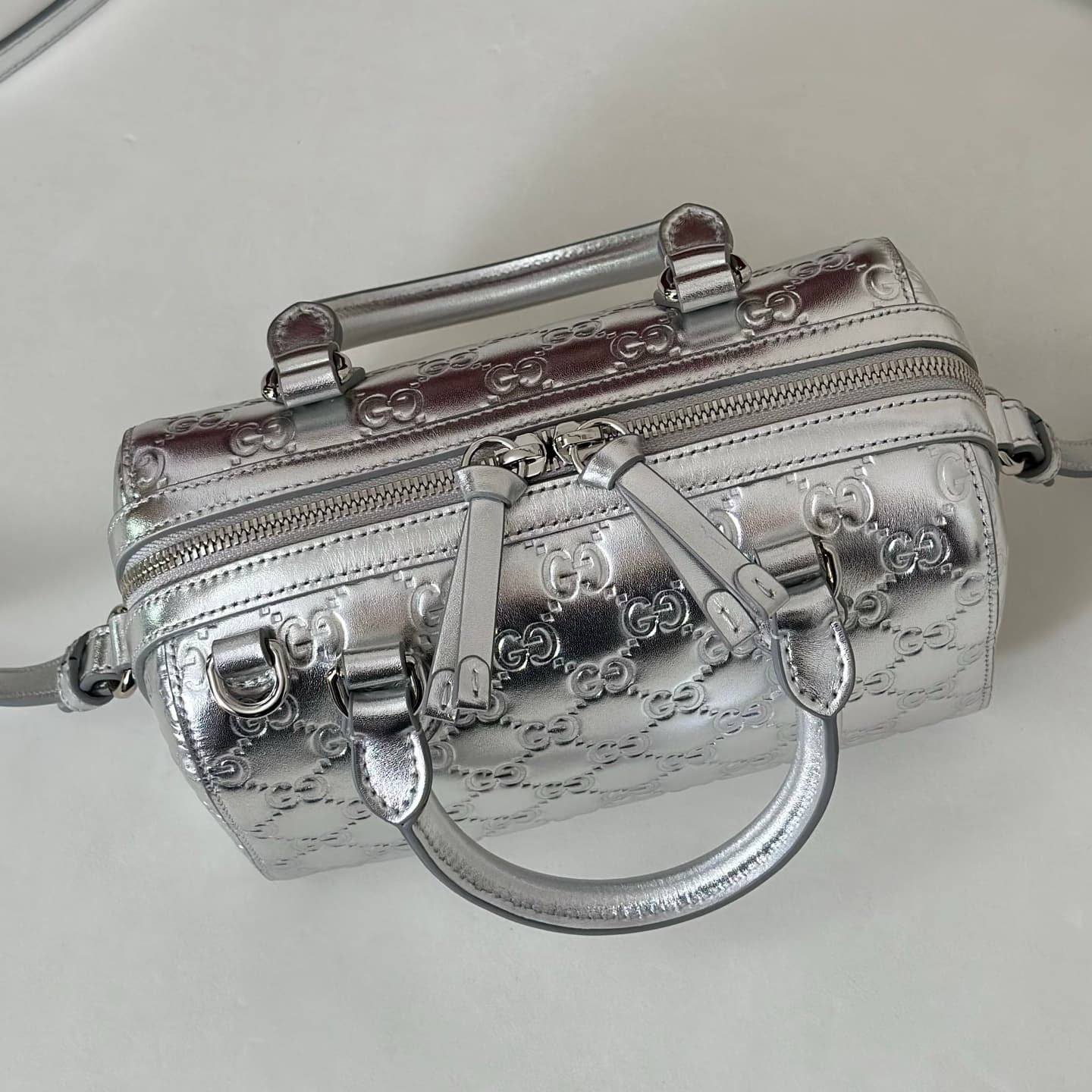 Gucci GG Emblem Small Boston Bag In Silver GG Leather 848889 High