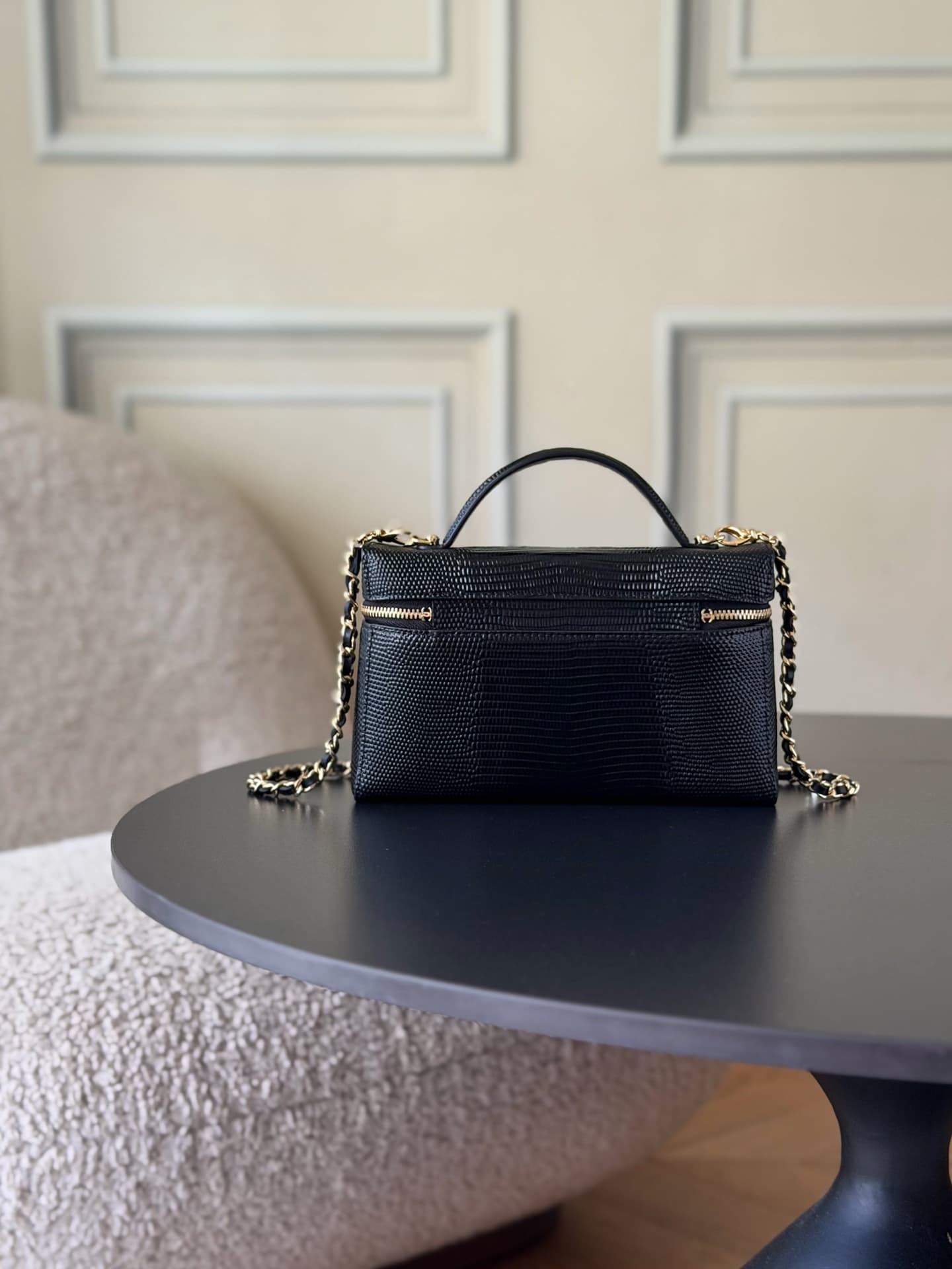 Chanel Small Vanity with chain Lizard Embossed Calfskin & Gold-Tone Metal Black AS5346 A