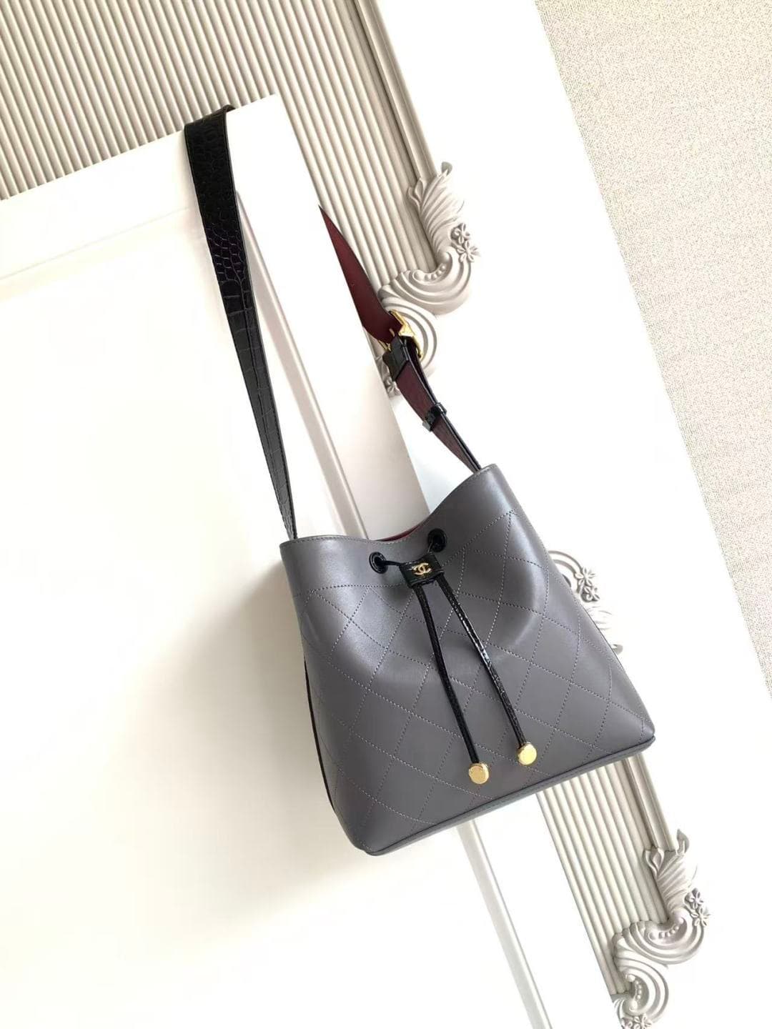 Chanel Bucket Bag Calfskin Leather & Gold-Tone Metal Grey AS6584 A