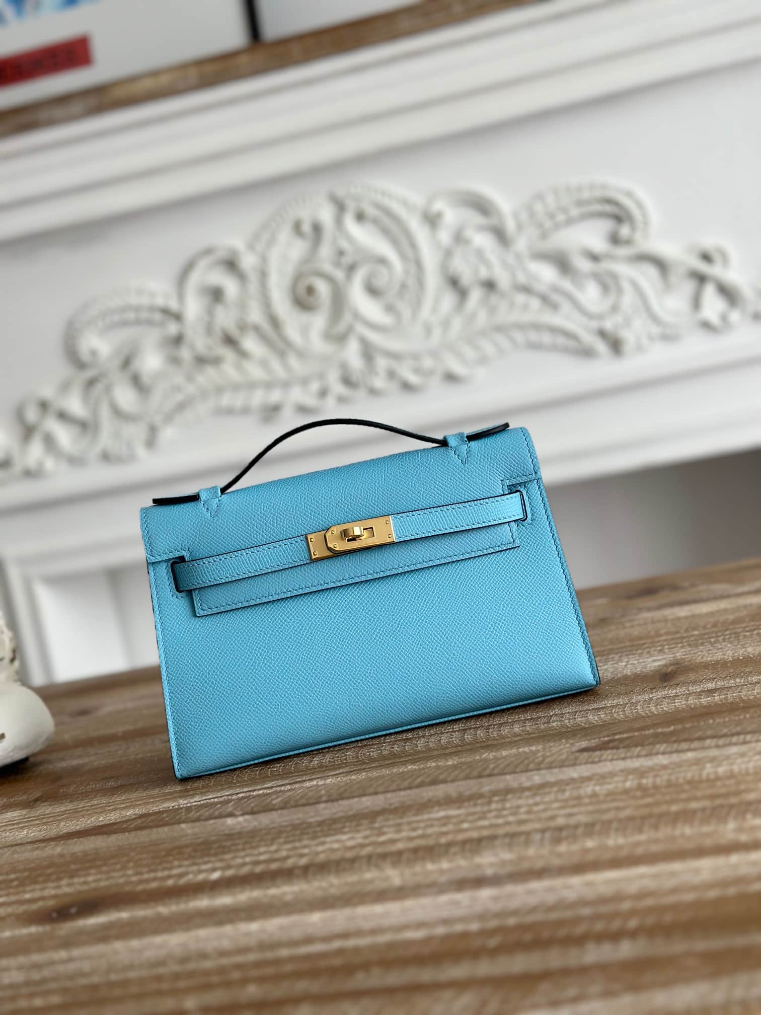 Hermes Kelly Pochette Bag Epsom Leather Silver/Gold Metal Celeste WAX High