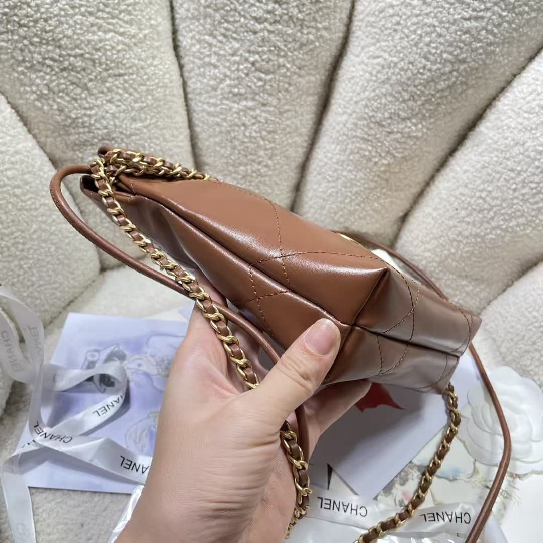 Chanel 22 MINI HANDBAG Shiny Calfskin Tan & Gold-Tone Metal AS3980 A