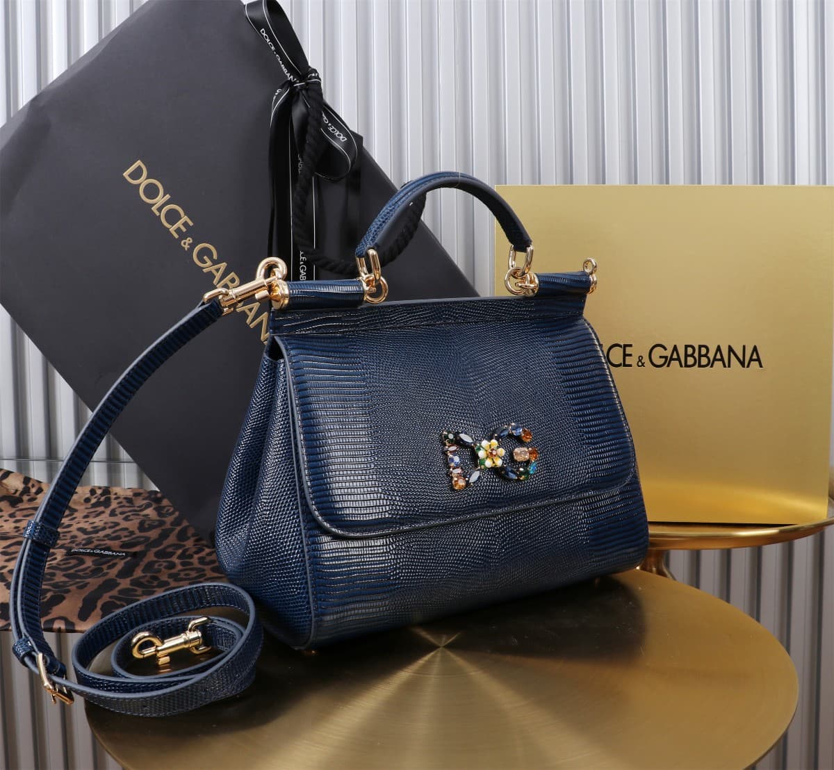 Sicily Handbag 25cm in Iguana Print Calfskin and Crystal DG Logo Patch High
