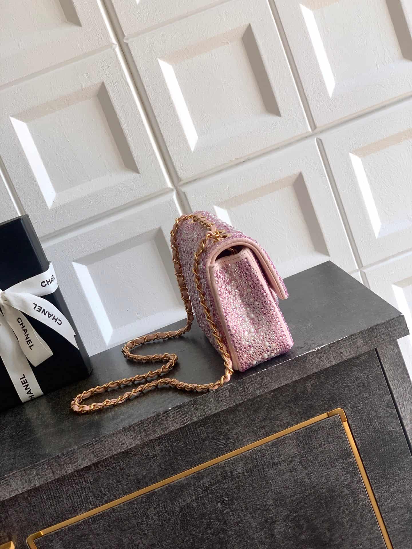 Chanel Classic Mini Flap Bag Strass Imitation Pearls & Gold-Tone Metal  Pink 6171 A