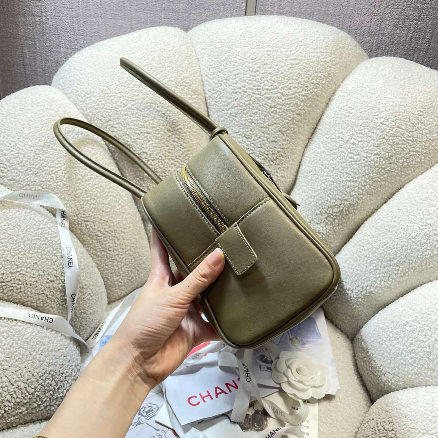Chanel Maxi Bowling Bag Calfskin & Gold-Tone Metal Khaki AS6211 A