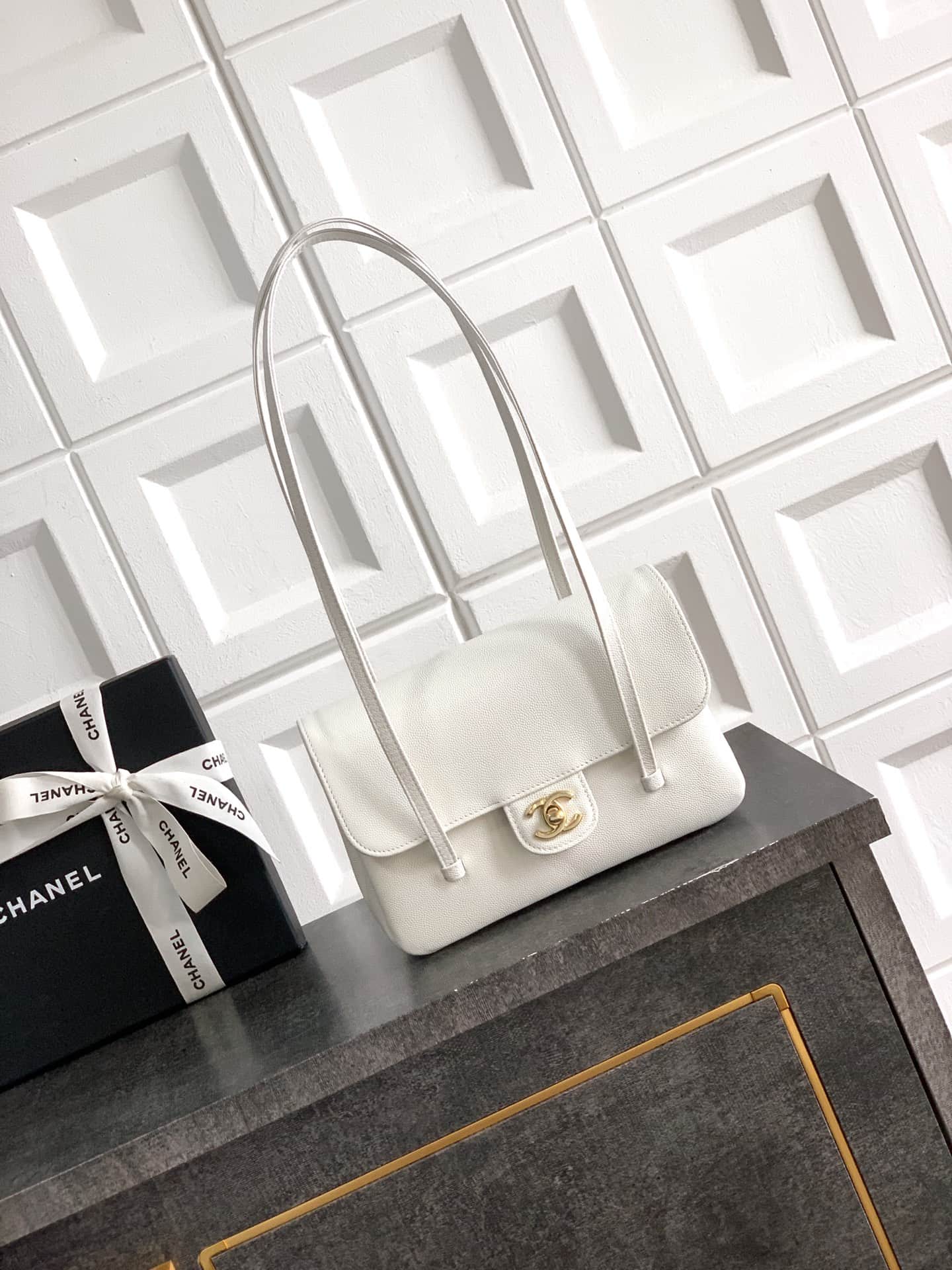 Chanel Clutch with Leather Strap Grained Shiny Calfskin & Gold-Tone Metal White  5809 High