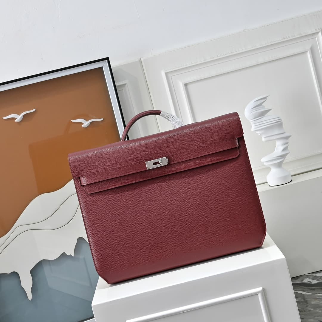Hermes Kelly depeches Epsom 36 briefcase In Burgundy Silver Metal CalfskIn WAX High