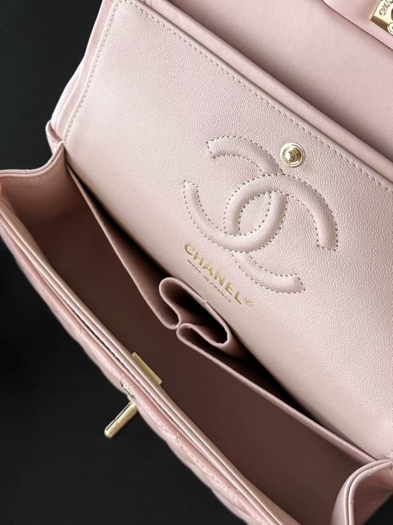 Chanel Small CLASSIC HANDBAG Lambskin Gold-Tone Metal Pink 1117 TOP