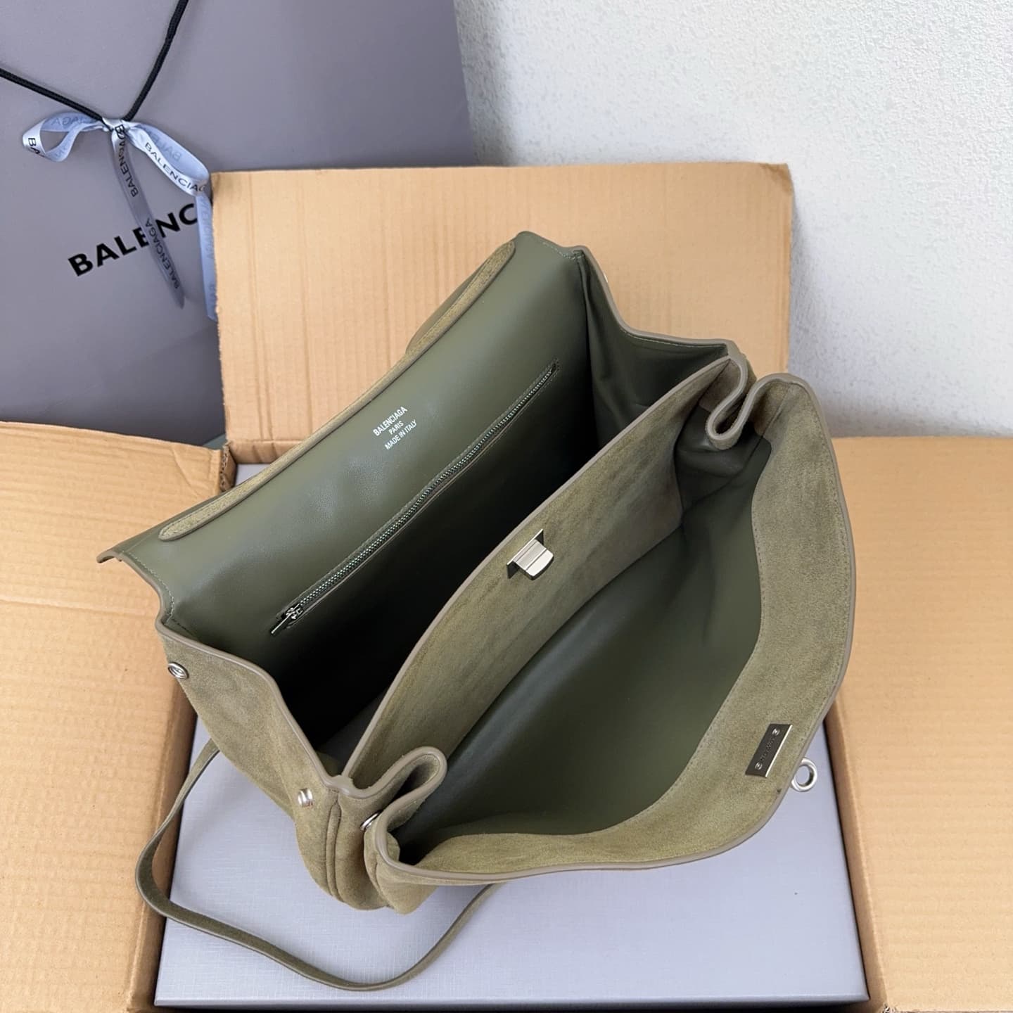 Balenciaga Rodeo Medium Bag in Khaki Waxed Suede Calfskin With Silver-Tone Metal High