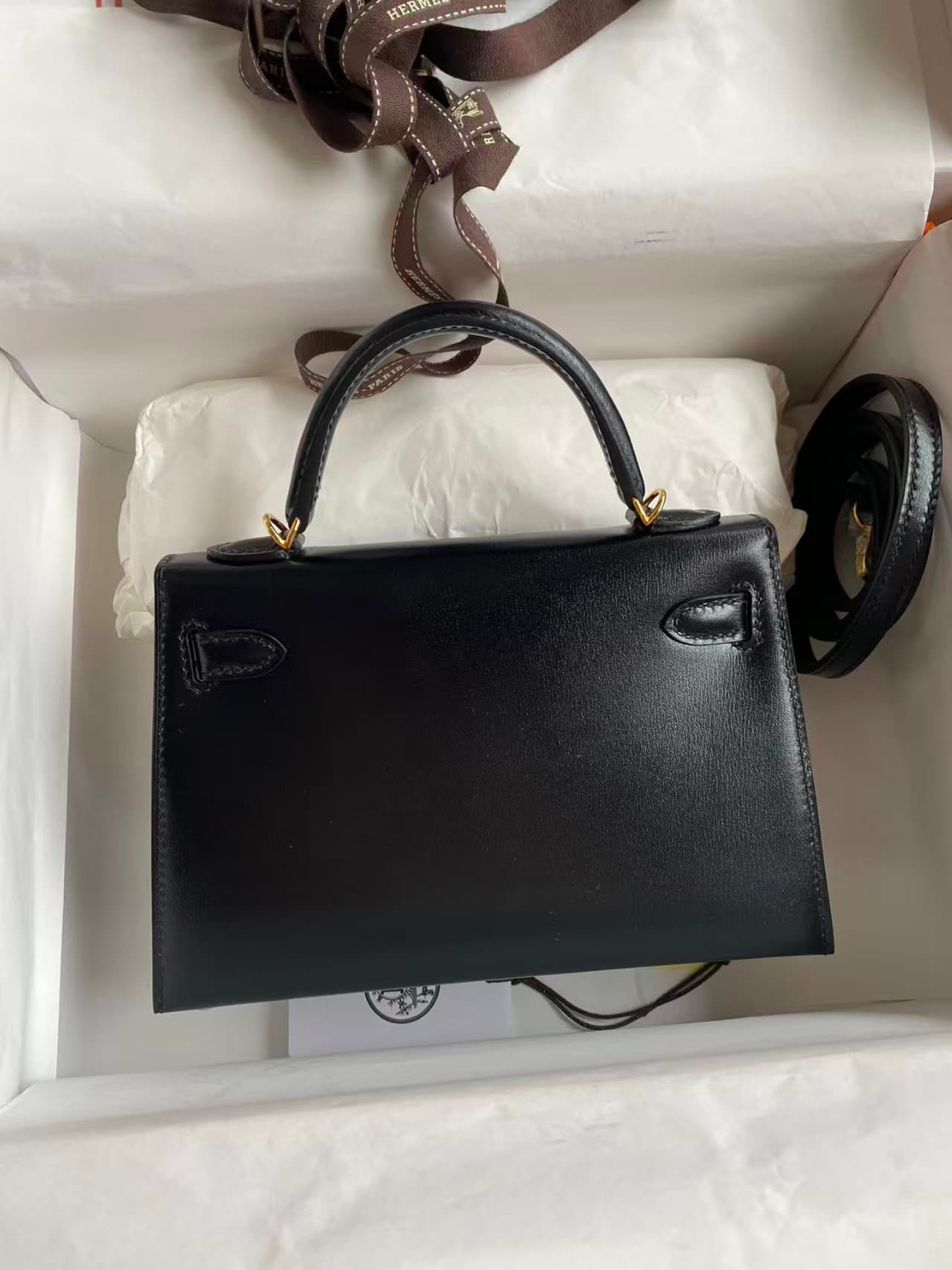 Hermes Kelly Mini II Bag Box Leather WAX Silver/Gold Metal Black High