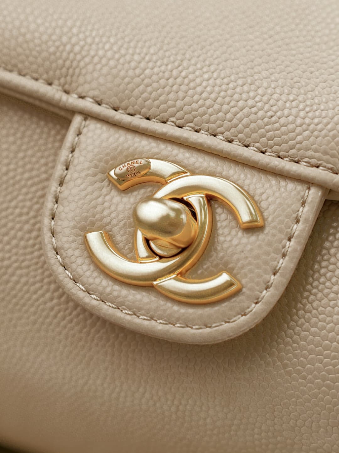 Chanel Small Bowling Bag Grained Shiny Calfskin & Gold-Tone Metal AS6143 Beige High