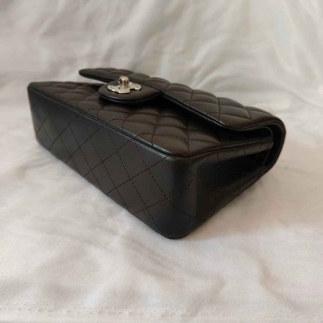 Chanel Small CLASSIC HANDBAG Lambskin Silver Metal Deep Brown A