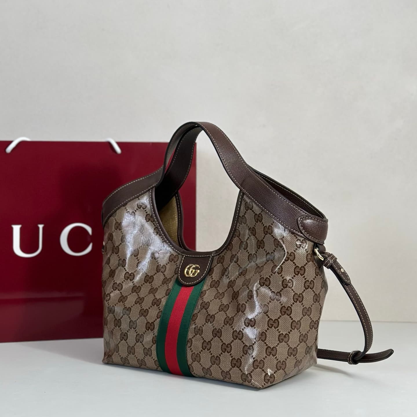 Gucci Giglio small tote bag Sand and dark brown soft, shiny coated GG fabric ‎860845 High