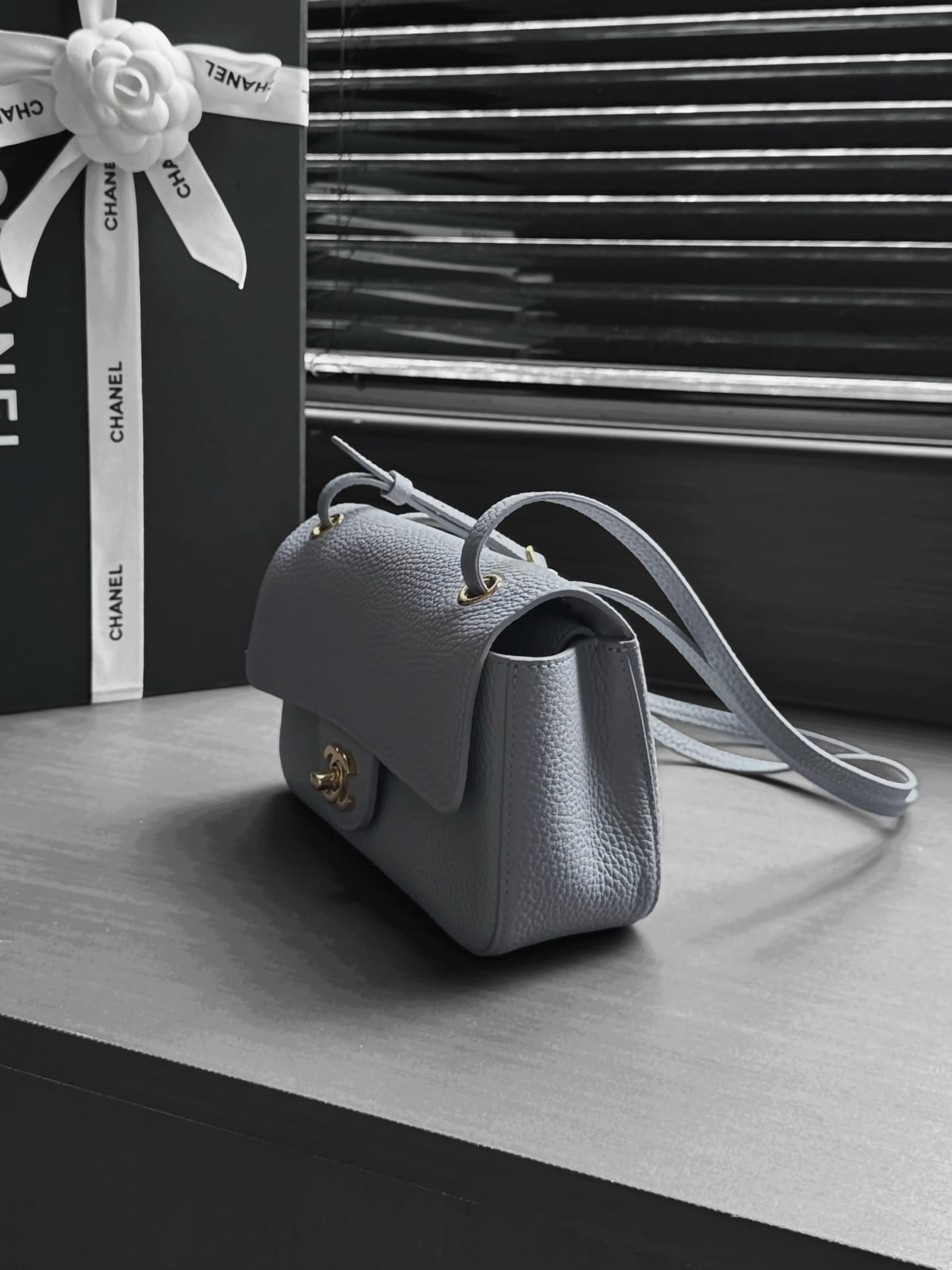 CHANEL Mini flap bag Grained Calfskin&Gold-tone metal Grey AS6573 A