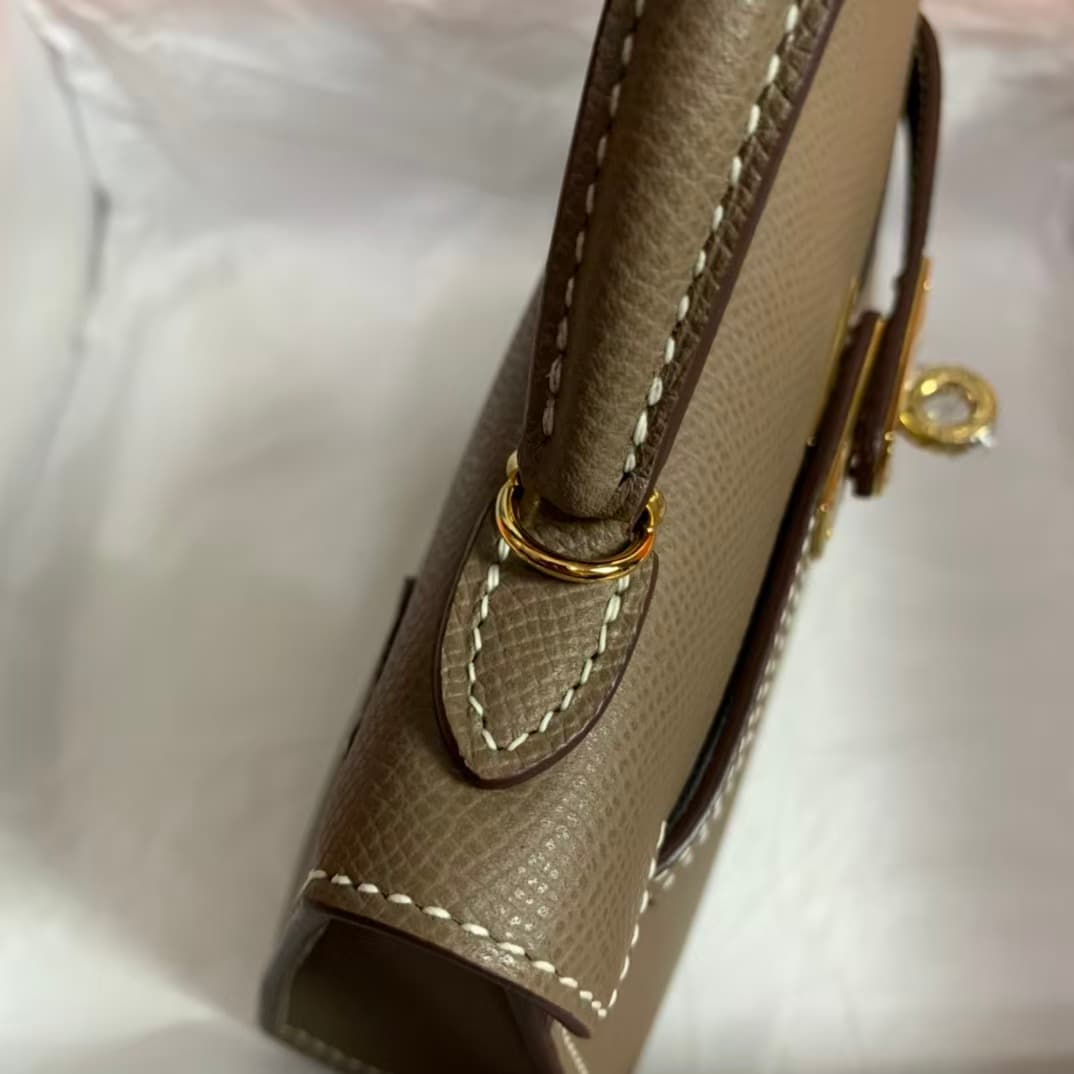 Hermes Kelly Mini II Bag Epsom Leather WAX Silver/Gold Metal Etoupe High